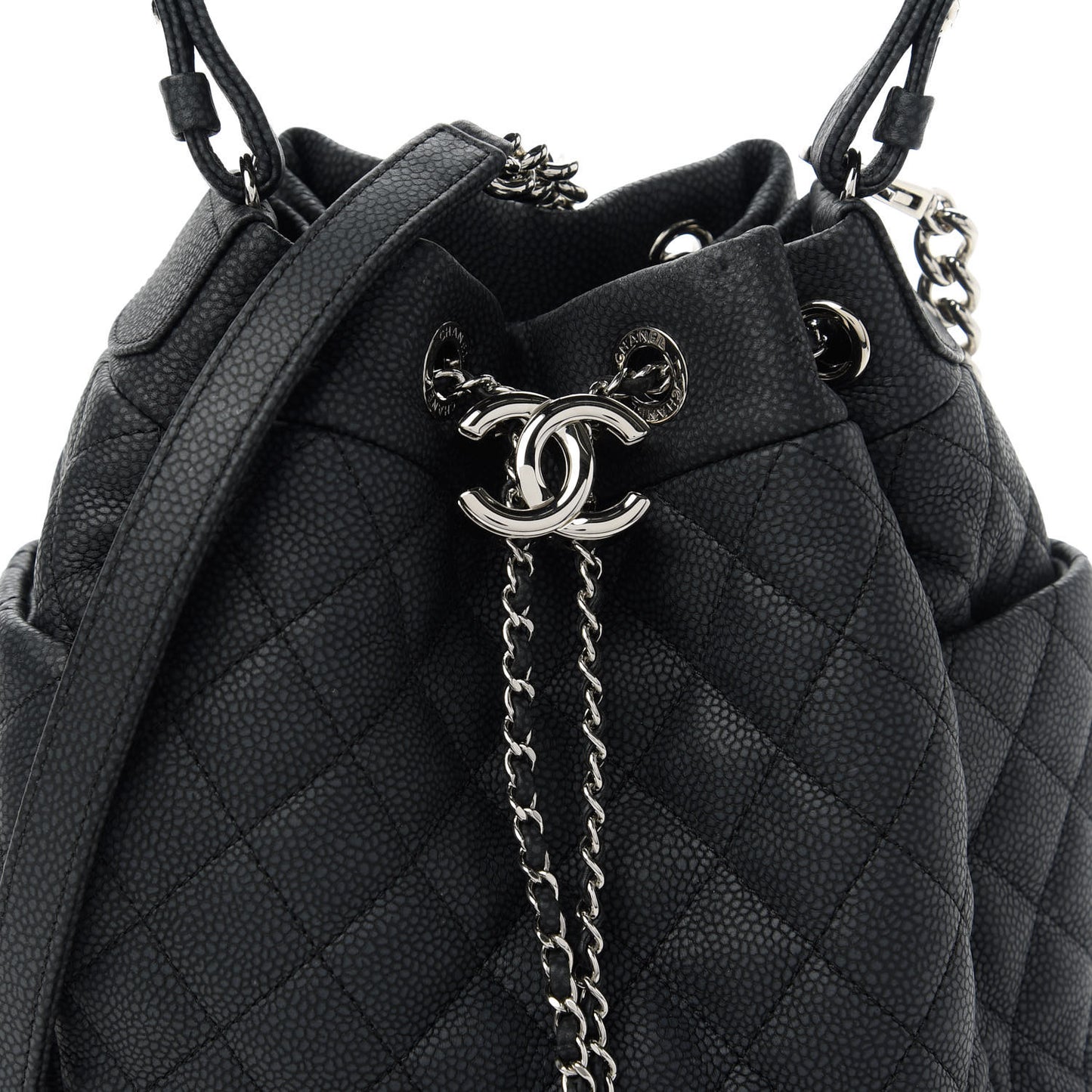 Caviar Flat Quilted CC Chain Bucket Drawstring Bag Black