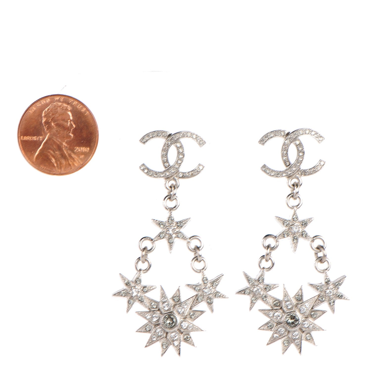 Chanel Crystal CC Star Dangle Earrings Grey Silver 2 of 4