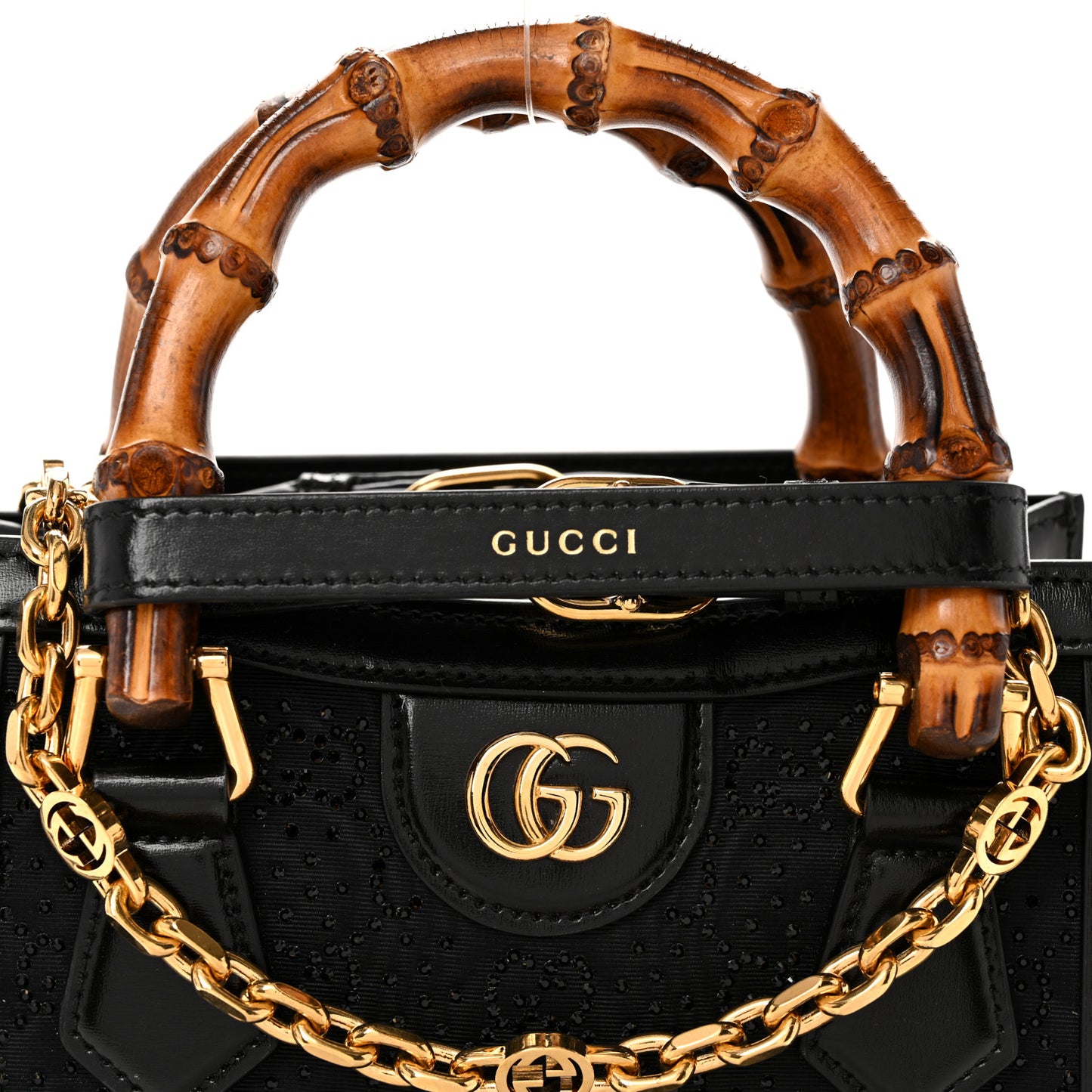 New Canvas Charisma Calfskin Crystal GG Monogram Mini Diana Tote Black