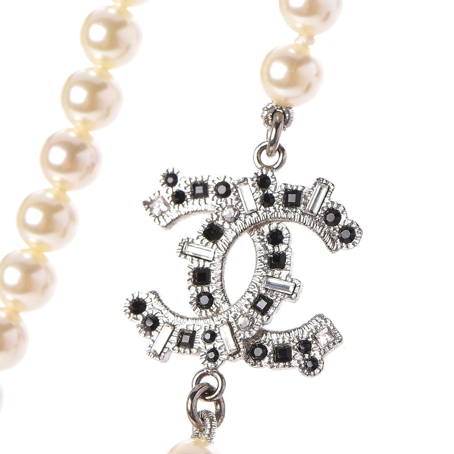 Pearl Baguette Crystal CC Long Necklace Silver Black