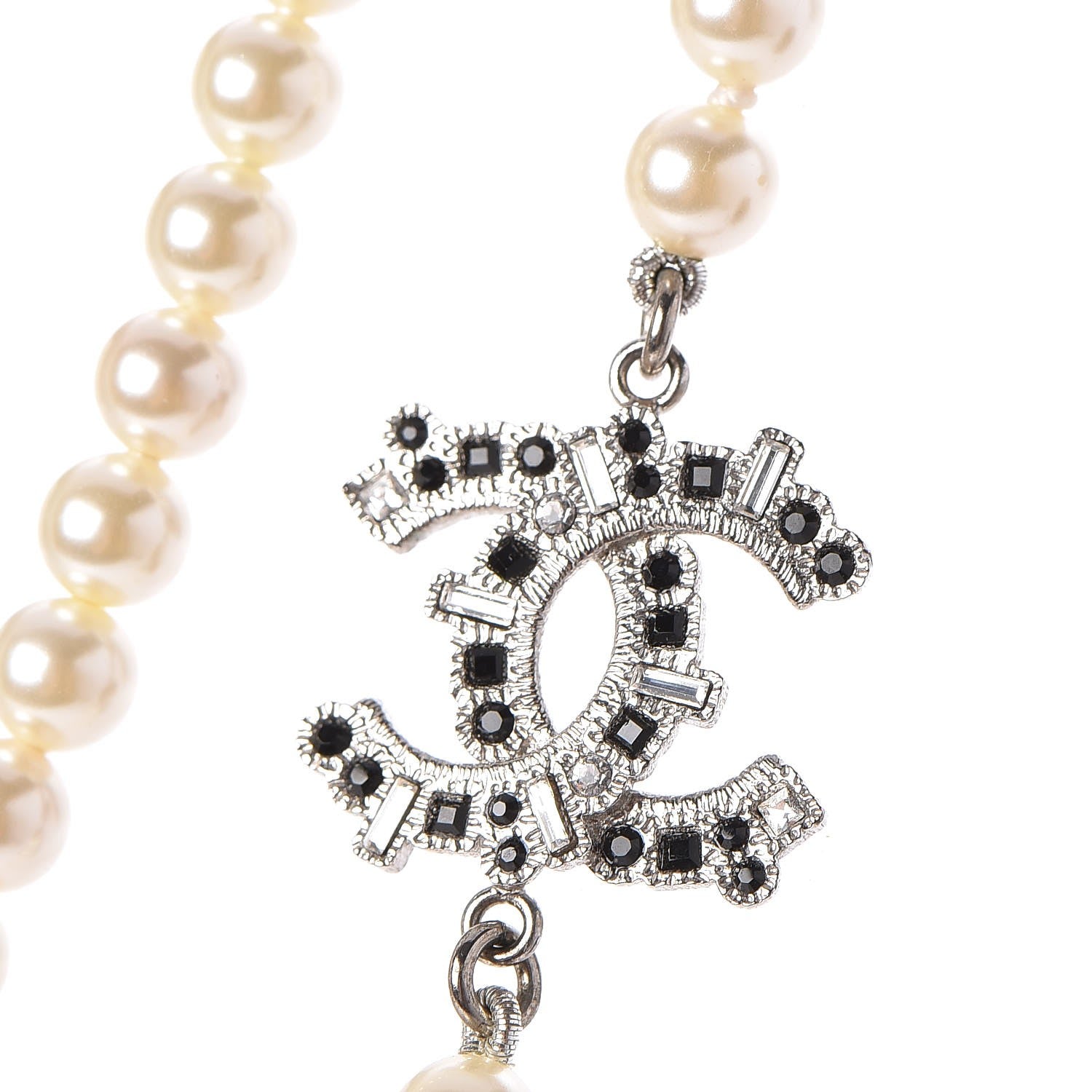 Chanel Pearl Baguette Crystal CC Long Necklace Silver Black 4 of 5
