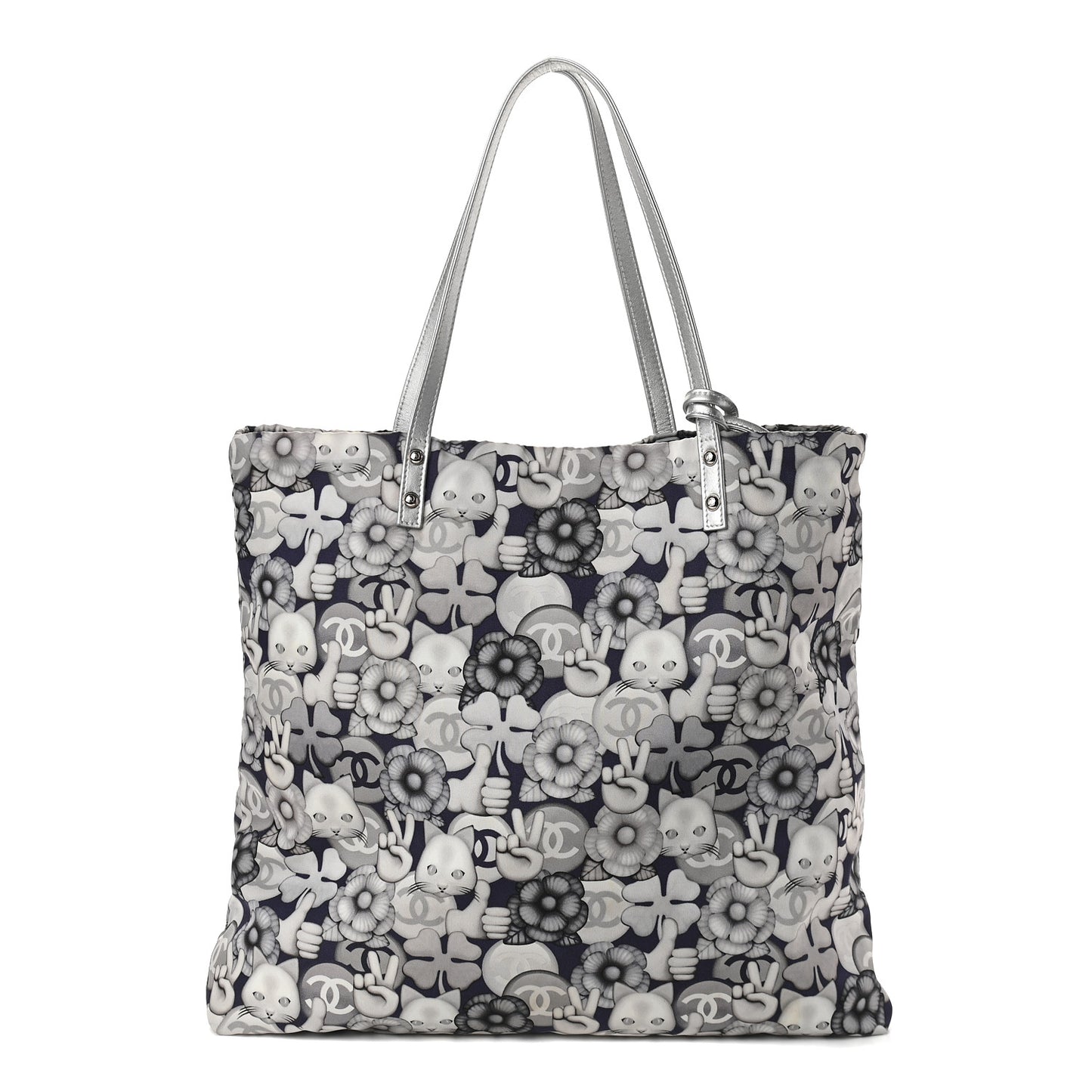 Nylon Cat Emoticon Tote Navy Silver