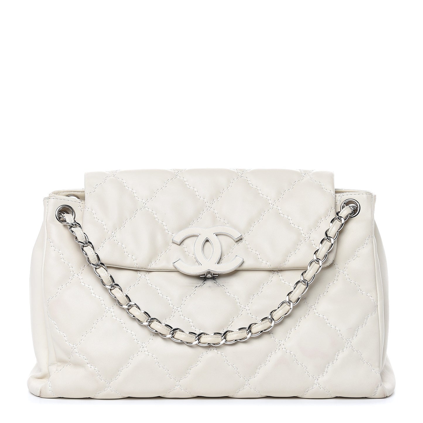 Calfskin Double Stitch Large Hamptons Flap Bag White