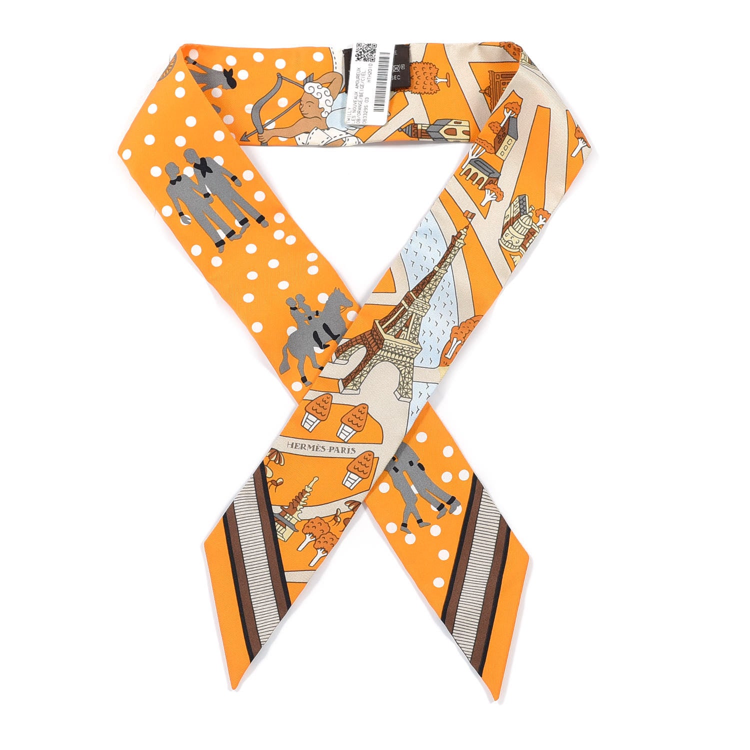 Hermes Silk Les Nouveaux Amoureux de Paris Twilly Orange Ciel Beige 1 of 5