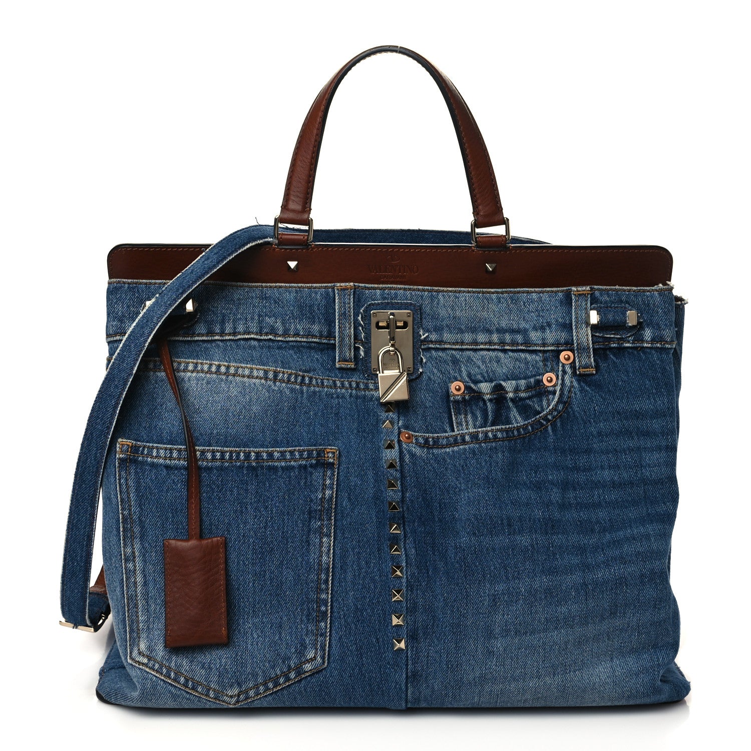 Valentino Garavani Calfskin Denim Rockstud Maxi Joylock Satchel Blue 1 of 6