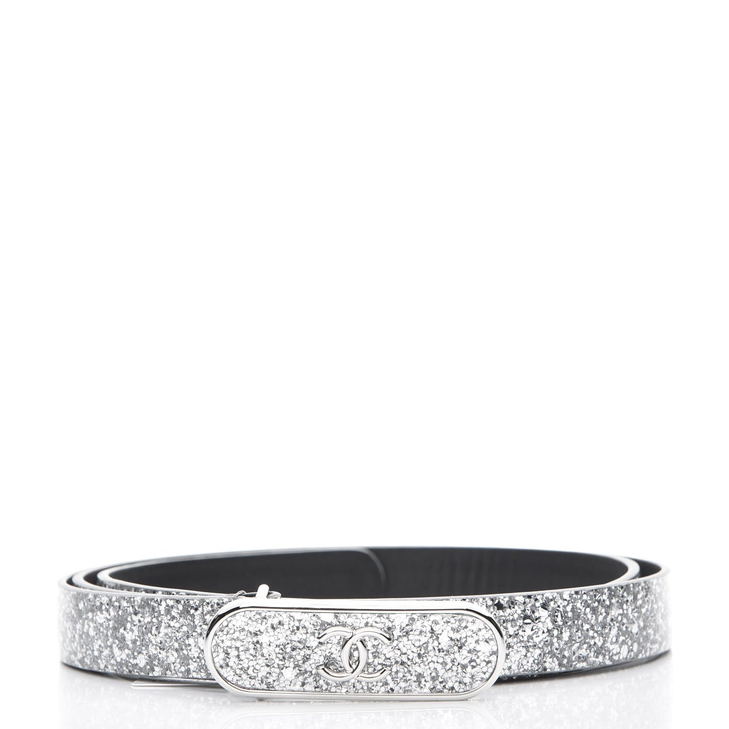 Glitter Calfskin CC Logo Skinny Belt 90 36 Silver
