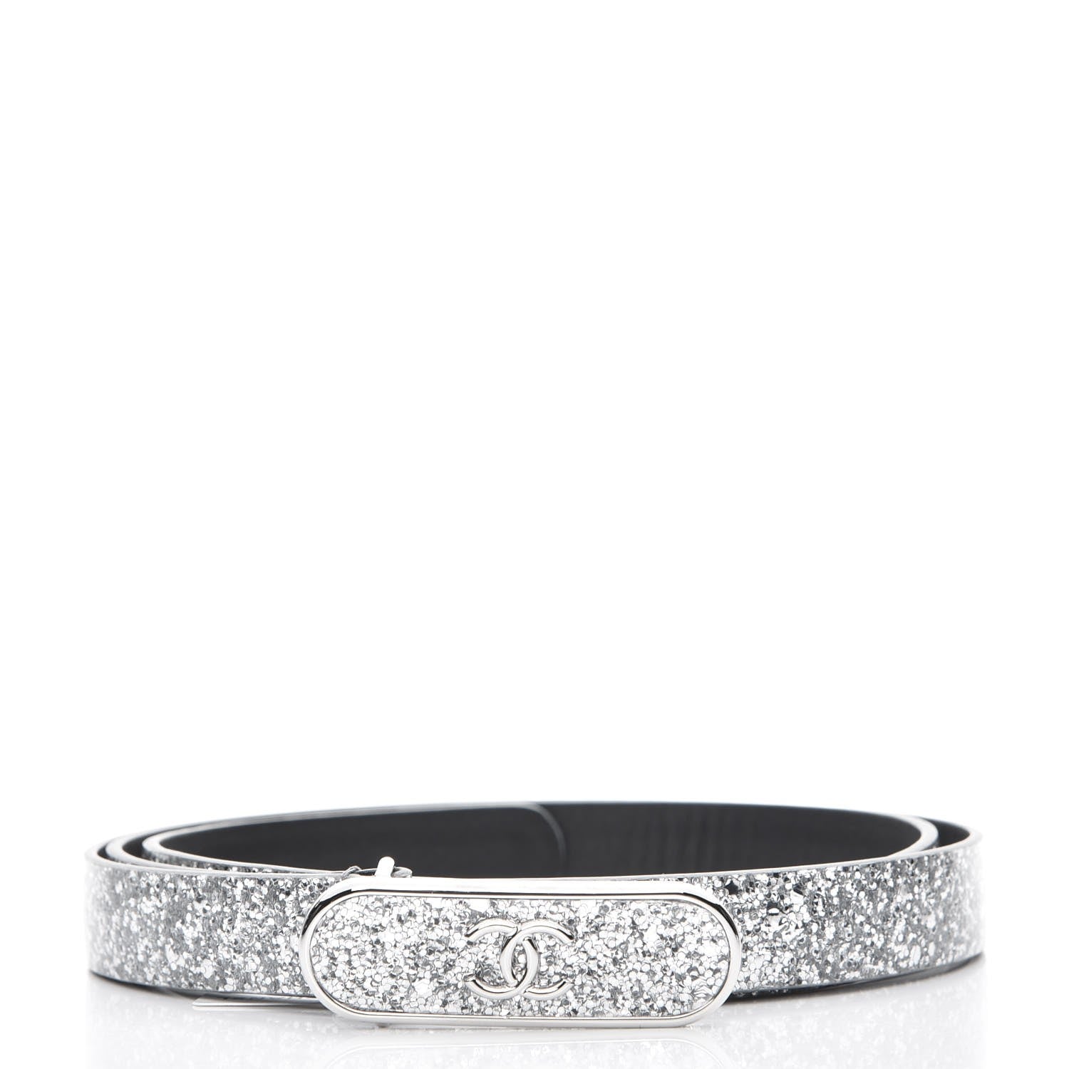 Chanel Glitter Calfskin CC Logo Skinny Belt 90 36 Silver 1 of 7