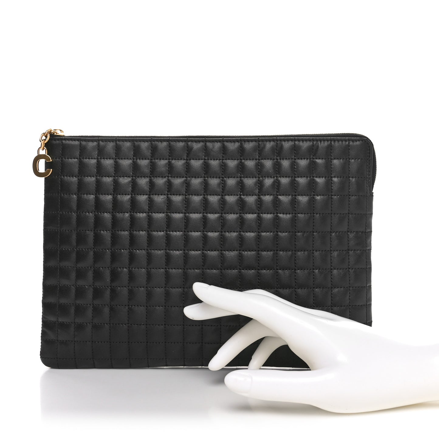 Calfskin Quilted C Charm Pouch Black
