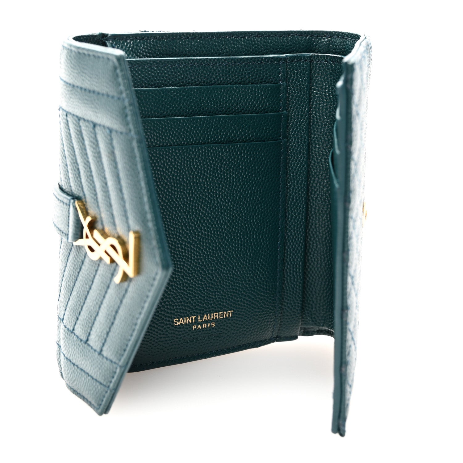 Saint Laurent Grain De Poudre Mixed Matelasse Triquilt Monogram Compact Tri Fold Wallet Sea Turquois 5 of 8
