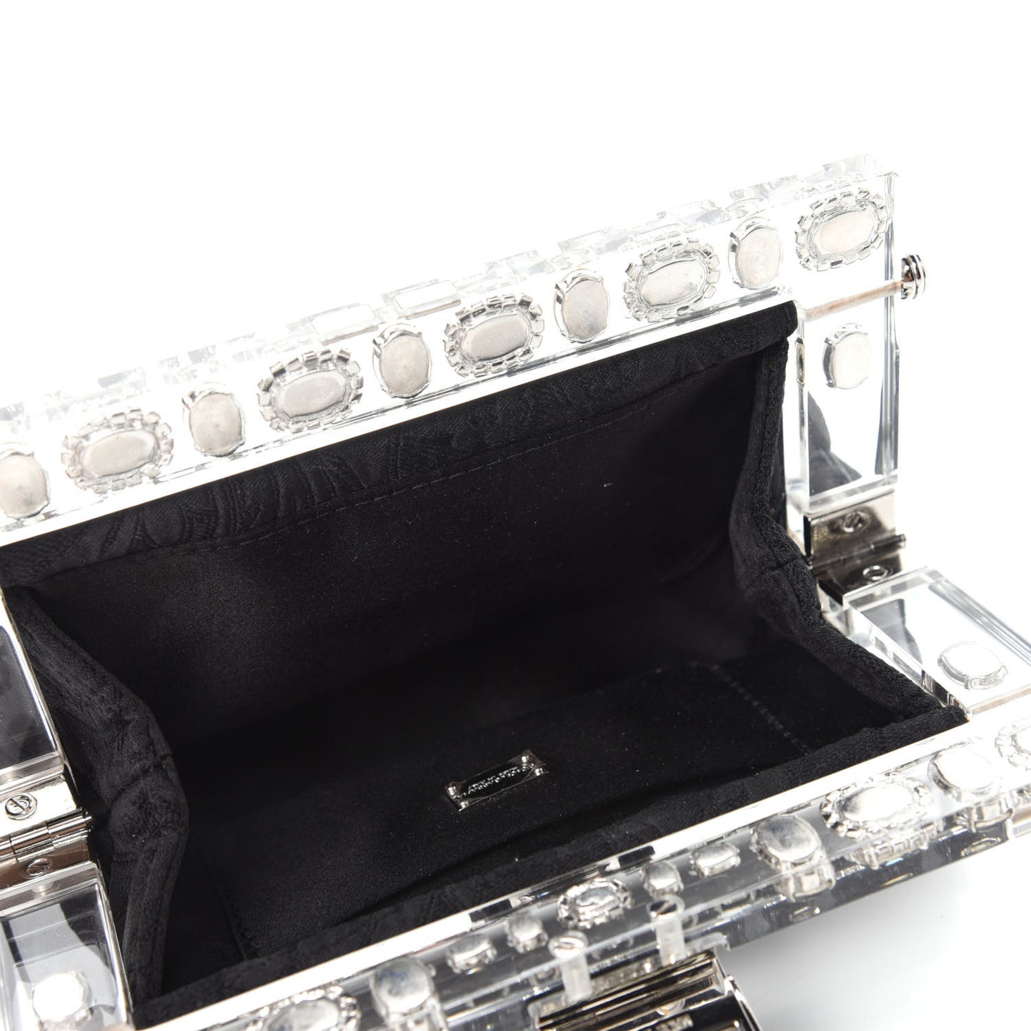 Satin Lace Crystal Embellished Plexis Glass Chain Clutch Black