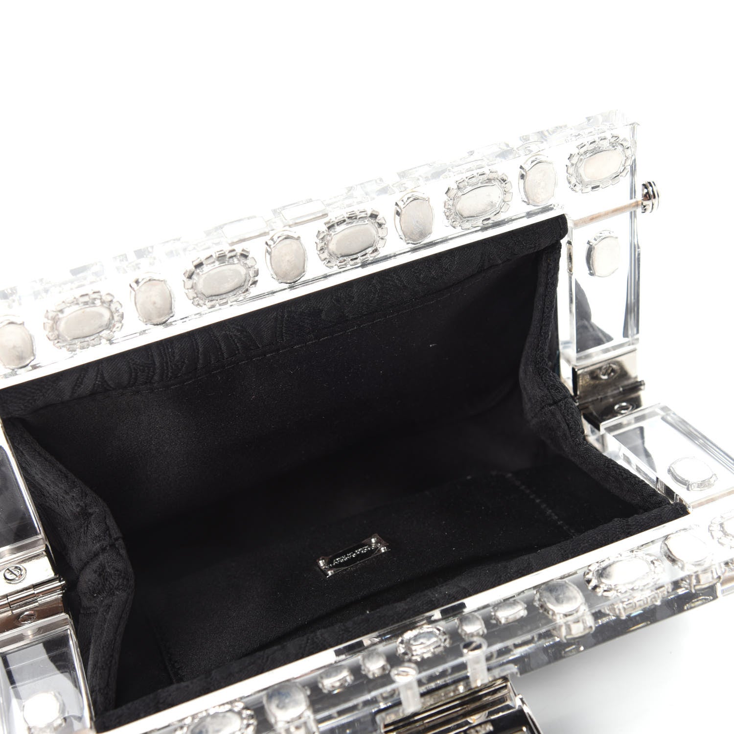 Dolce & Gabbana Satin Lace Crystal Embellished Plexis Glass Chain Clutch Black 5 of 9