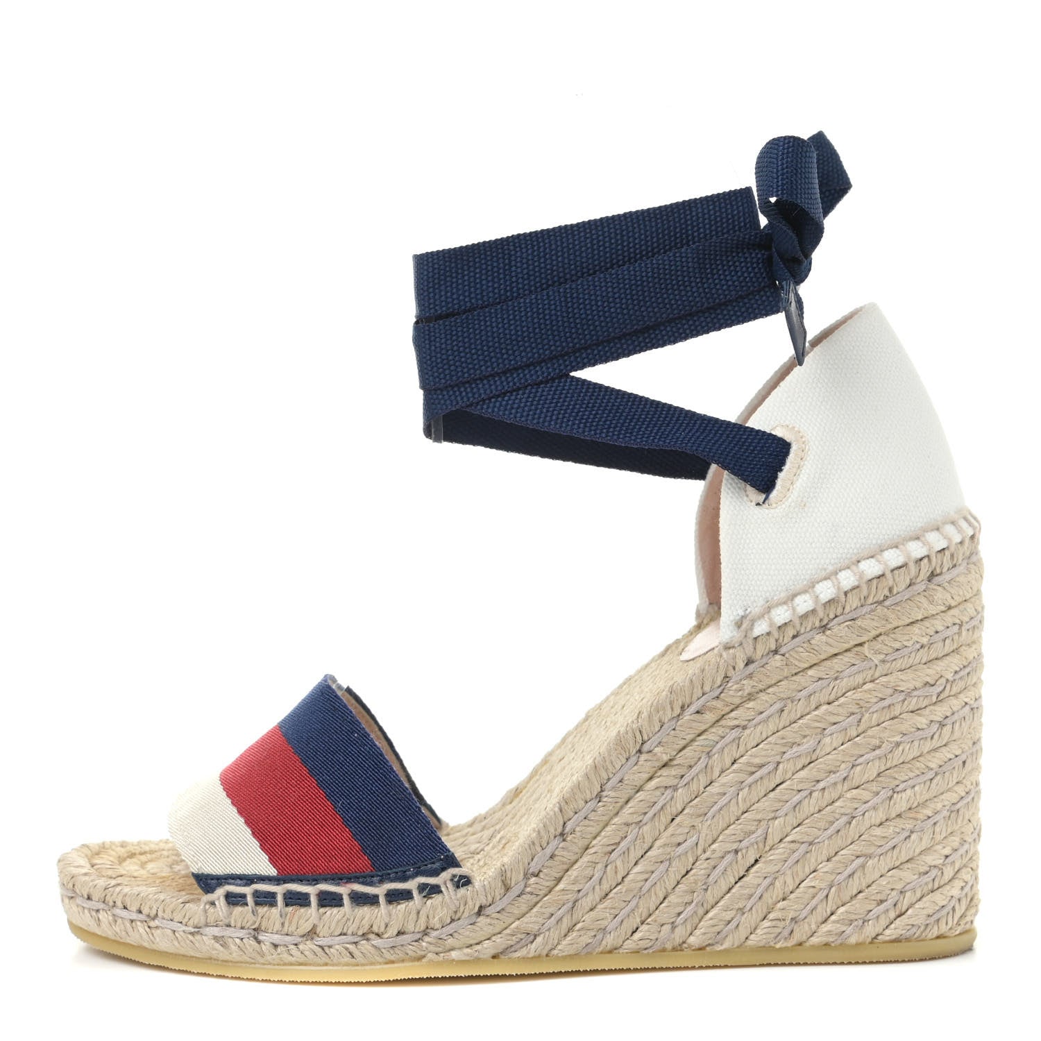 Gucci Canvas Sylvie Web Ankle Wrap Espadrille Wedge Sandals 36.5 Mystic White Hibiscus Red Maritime 1 of 6