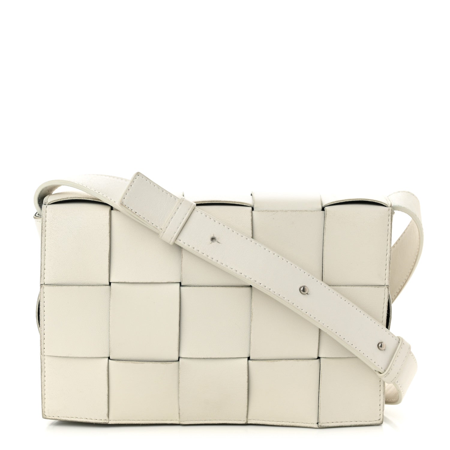image of BOTTEGA VENETA Lambskin Maxi Intrecciato Cassette Crossbody Bag in the color White by FASHIONPHILE