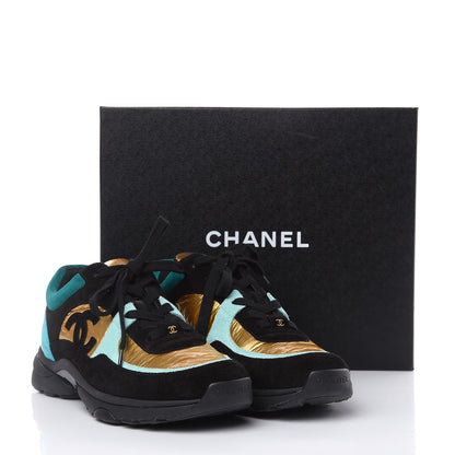 Chanel Fabric Calfskin Suede CC Womens Sneakers 38.5 Black Turquoise Gold 8 of 8
