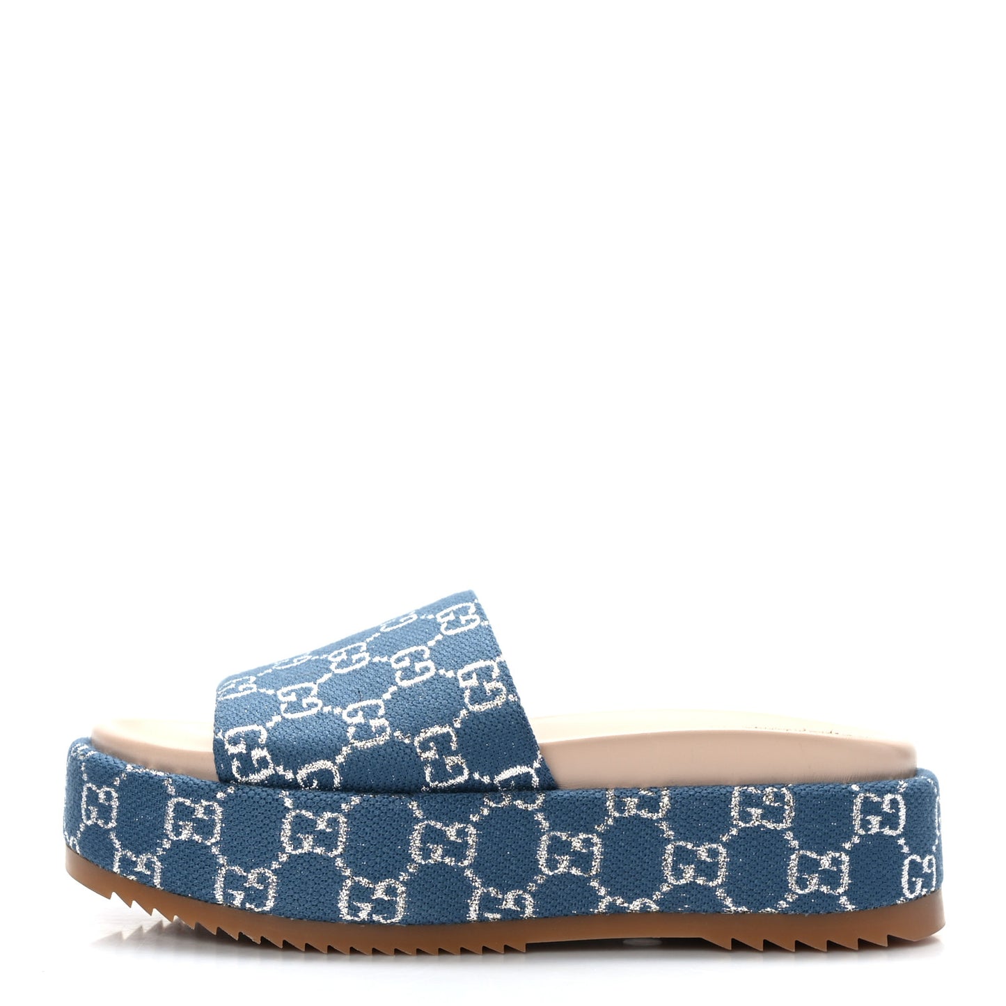 Canvas Lame GG Monogram Angelina Platform 55mm Slide Sandals 38 Blue Silver