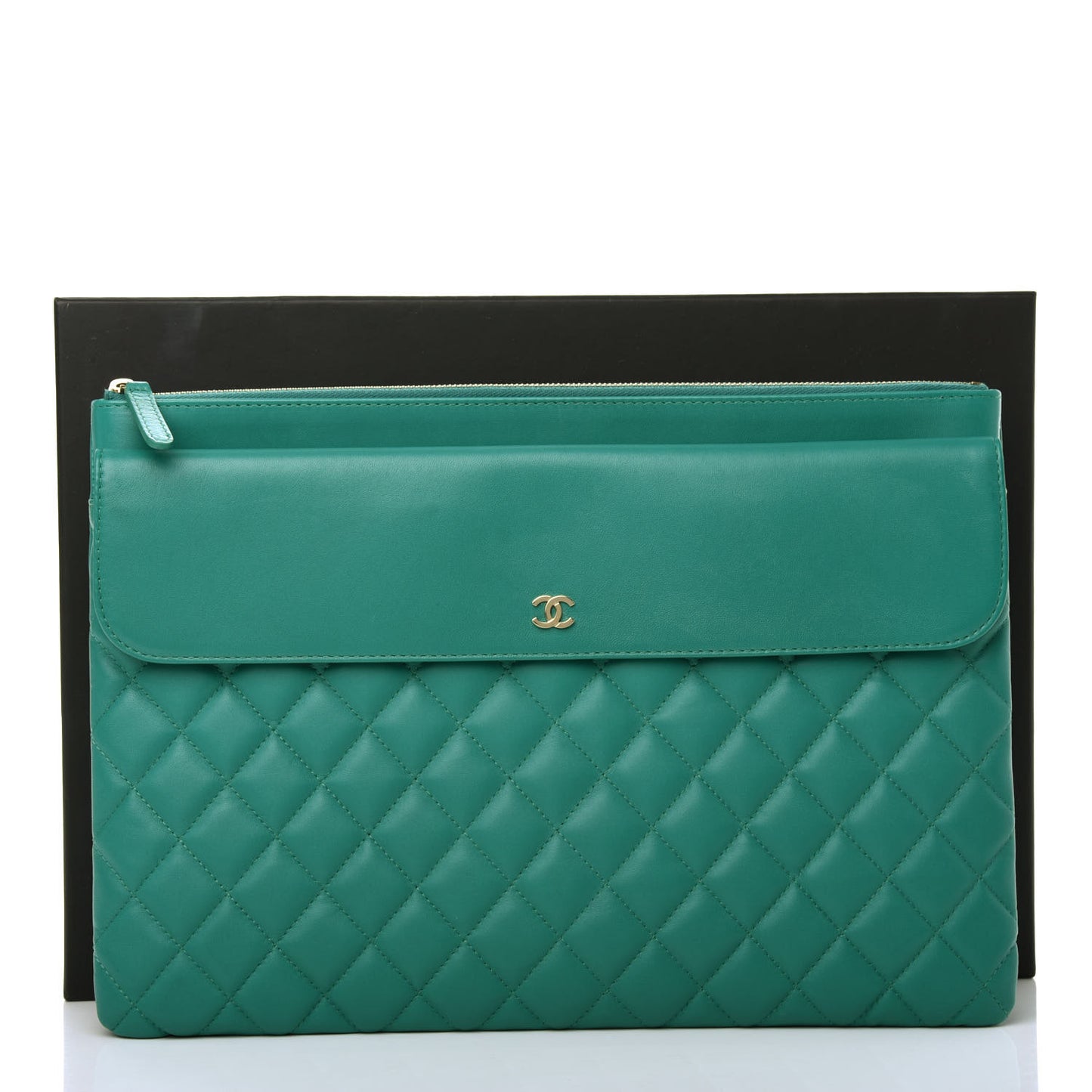 Lambskin Quilted Large Flap Cosmetic Case Turquoise