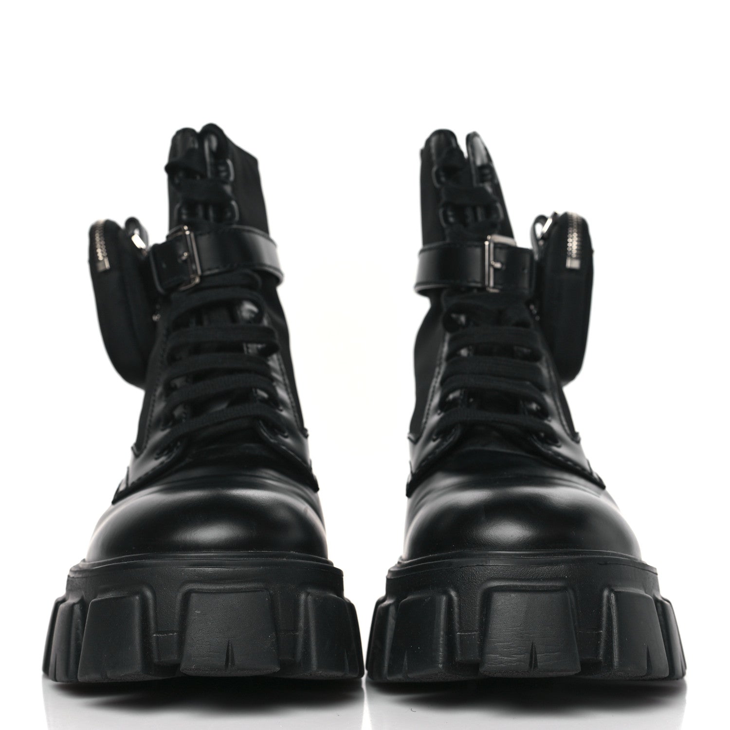 Prada Spazzolato Rois Re-Nylon Metal Triangle Logo Mens Monolith Pouch Pocket 60mm Combat Boots 10 Black 2 of 8