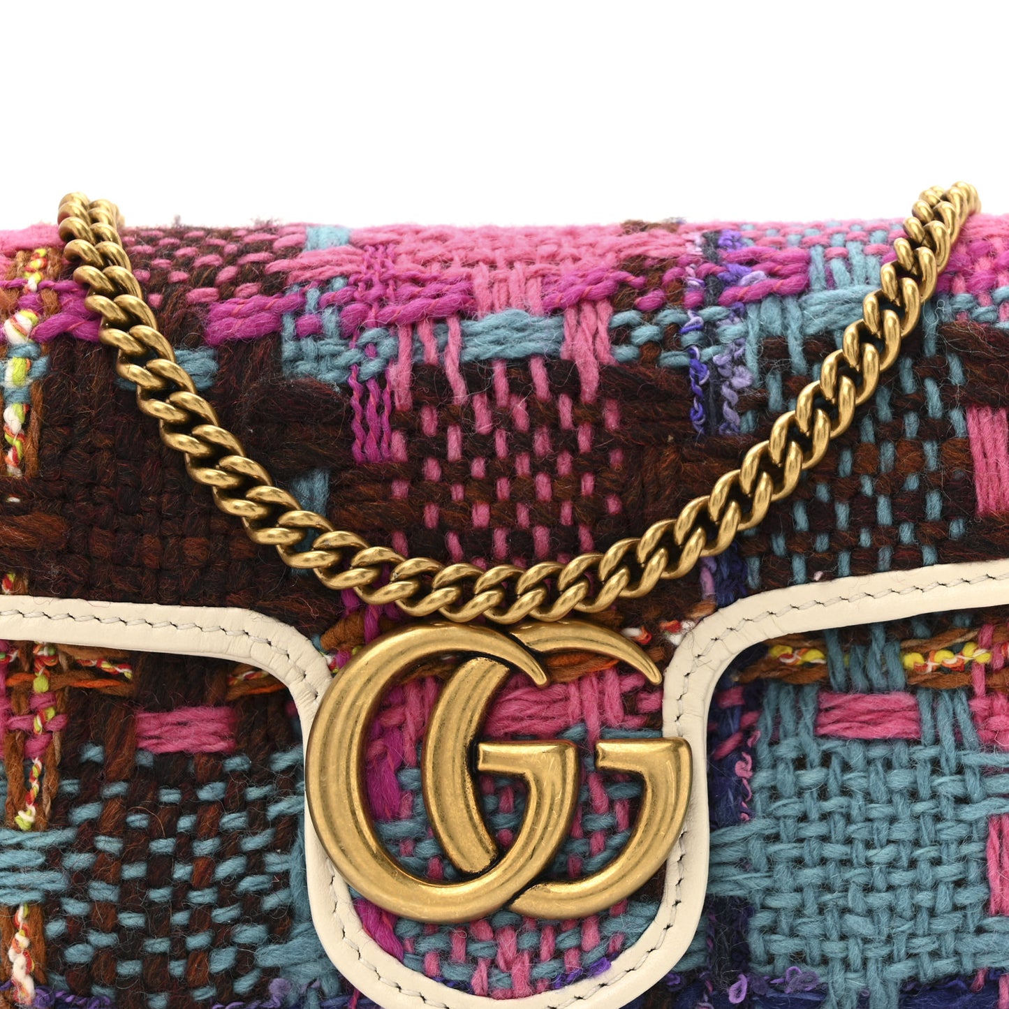 Tweed Calfskin Spicy Check Super Mini GG Marmont Shoulder Bag Pink Multicolor Mystic White