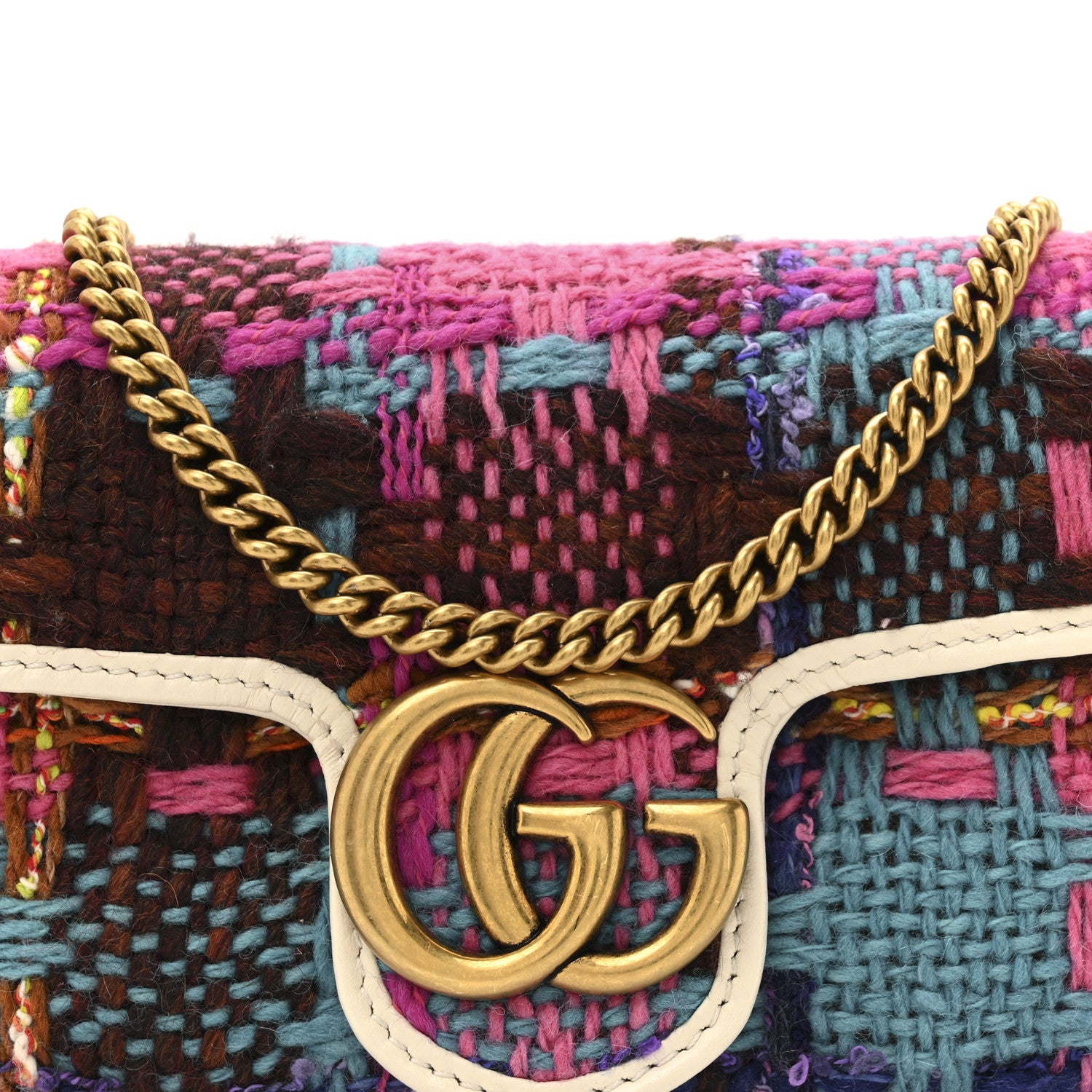 Gucci Tweed Calfskin Spicy Check Super Mini GG Marmont Shoulder Bag Pink Multicolor Mystic White 8 of 11