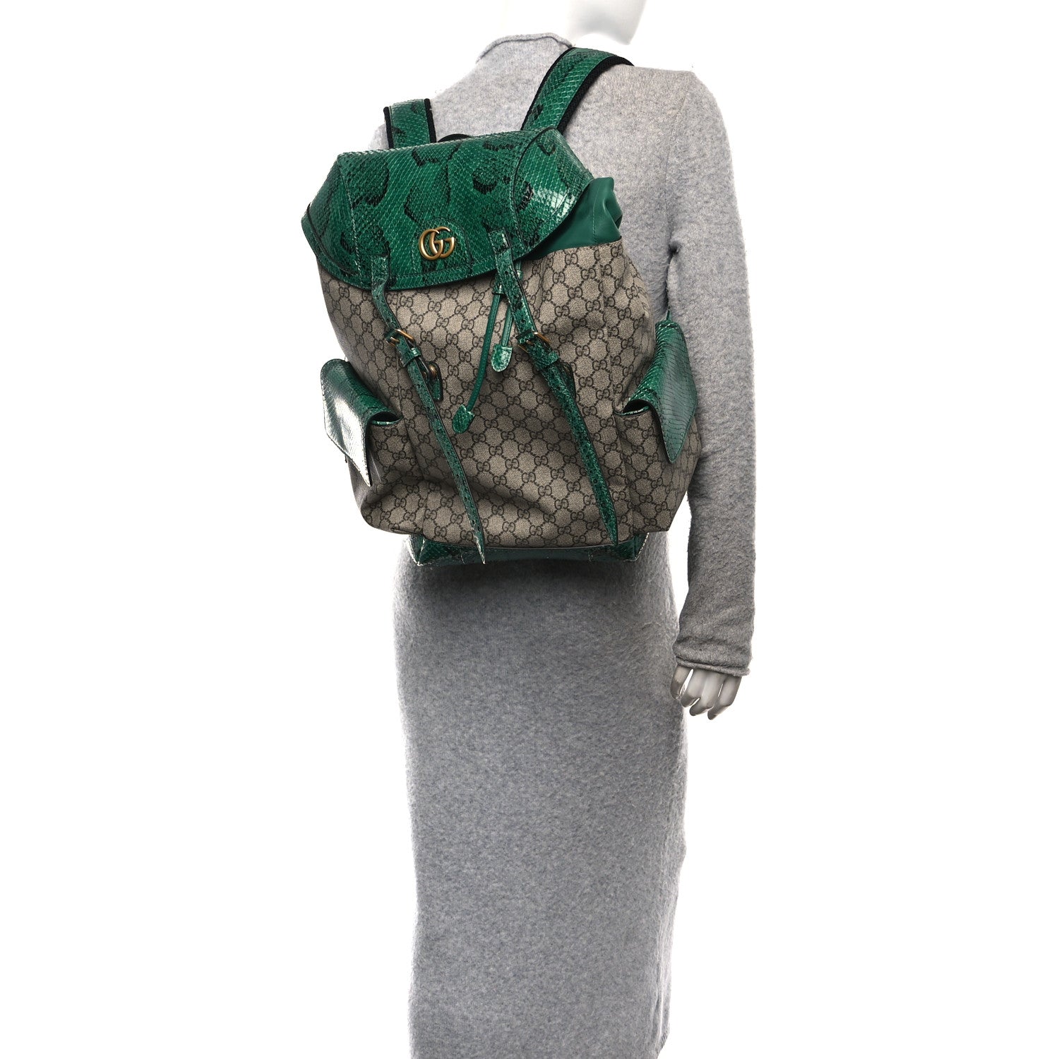 Gucci GG Supreme Monogram Snakeskin Ophidia Double Buckle Backpack Brown Green 2 of 10