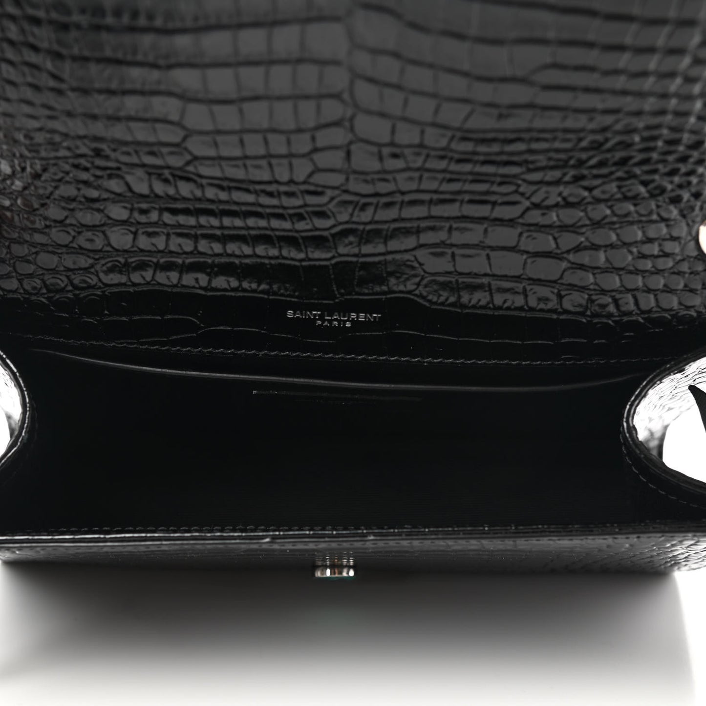 Calfskin Crocodile Embossed Medium Classic Monogram Kate Tassel Satchel Black
