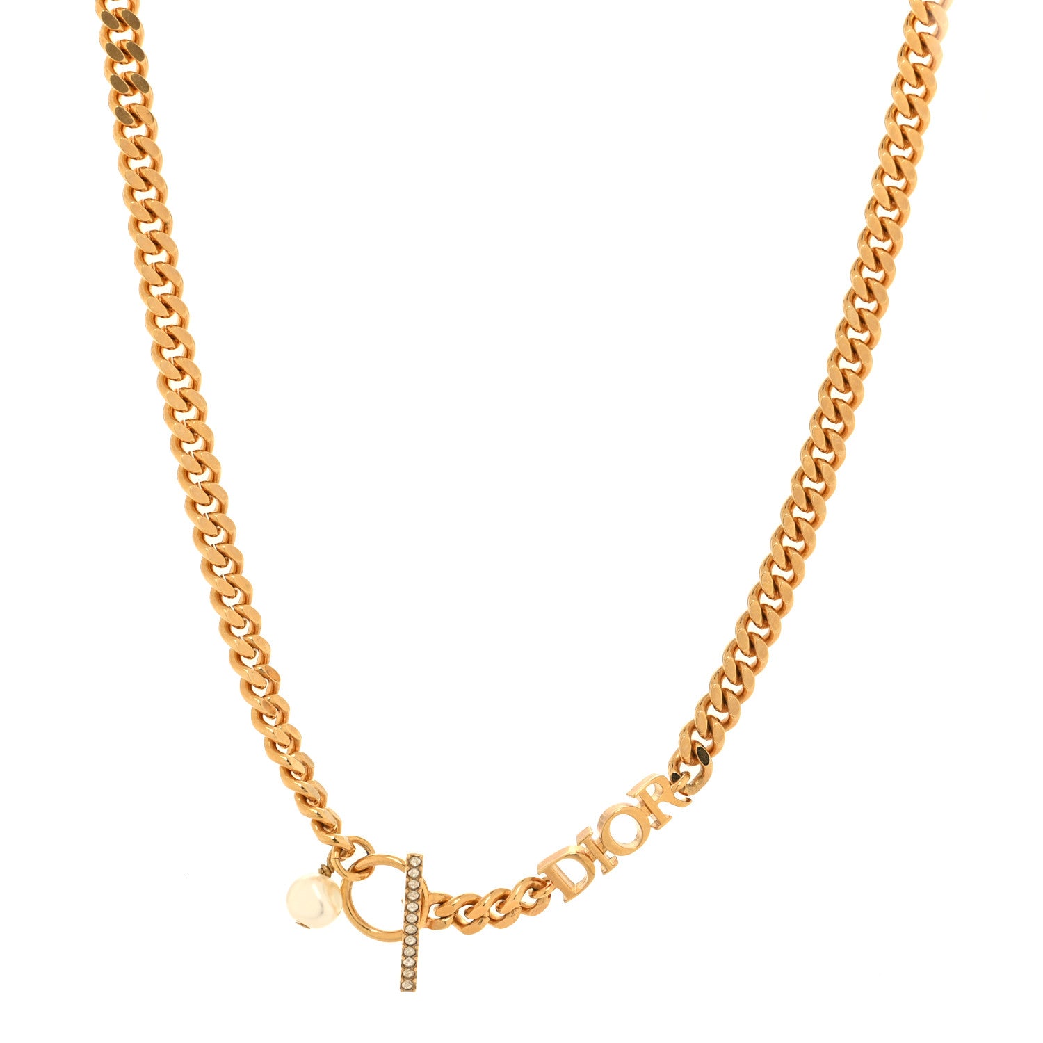 Christian Dior Pearl Crystal Logo Chain Necklace Gold 1 of 5