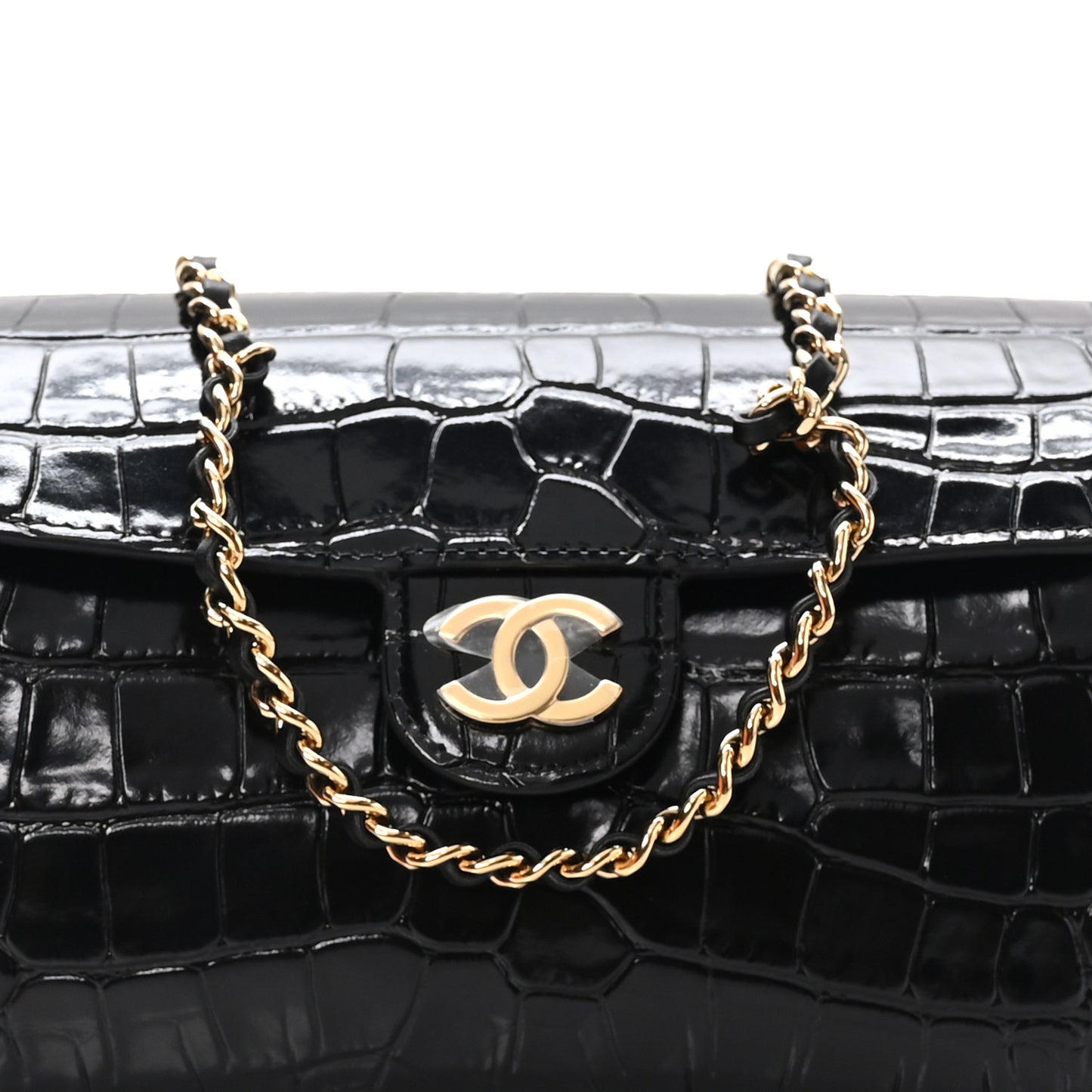 Calfskin Crocodile Embossed Turn Around Clutch With Chain Black