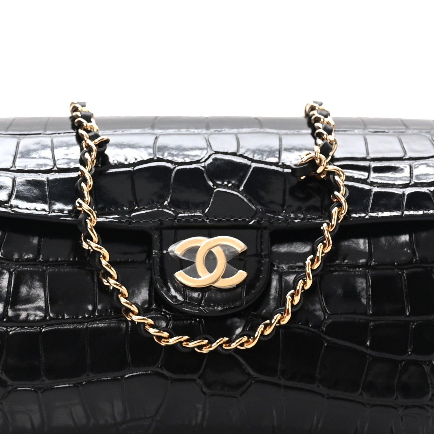 Chanel Calfskin Crocodile Embossed Turn Around Clutch With Chain Black 7 of 10
