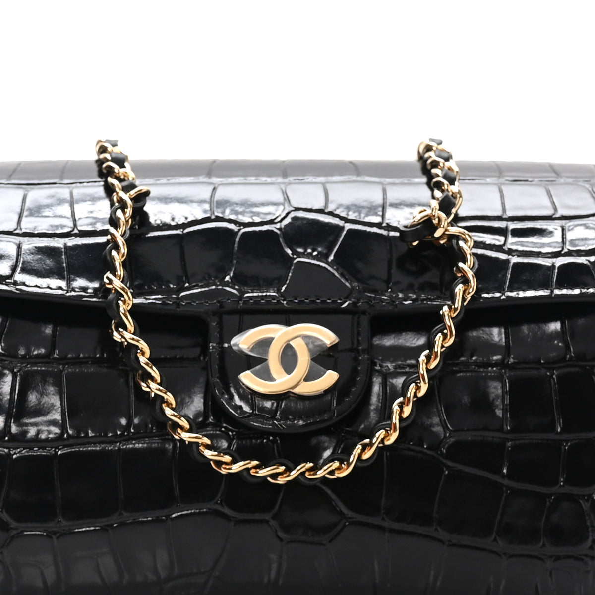 Chanel Calfskin Crocodile Embossed Turn Around Clutch With Chain Black 8 of 11
