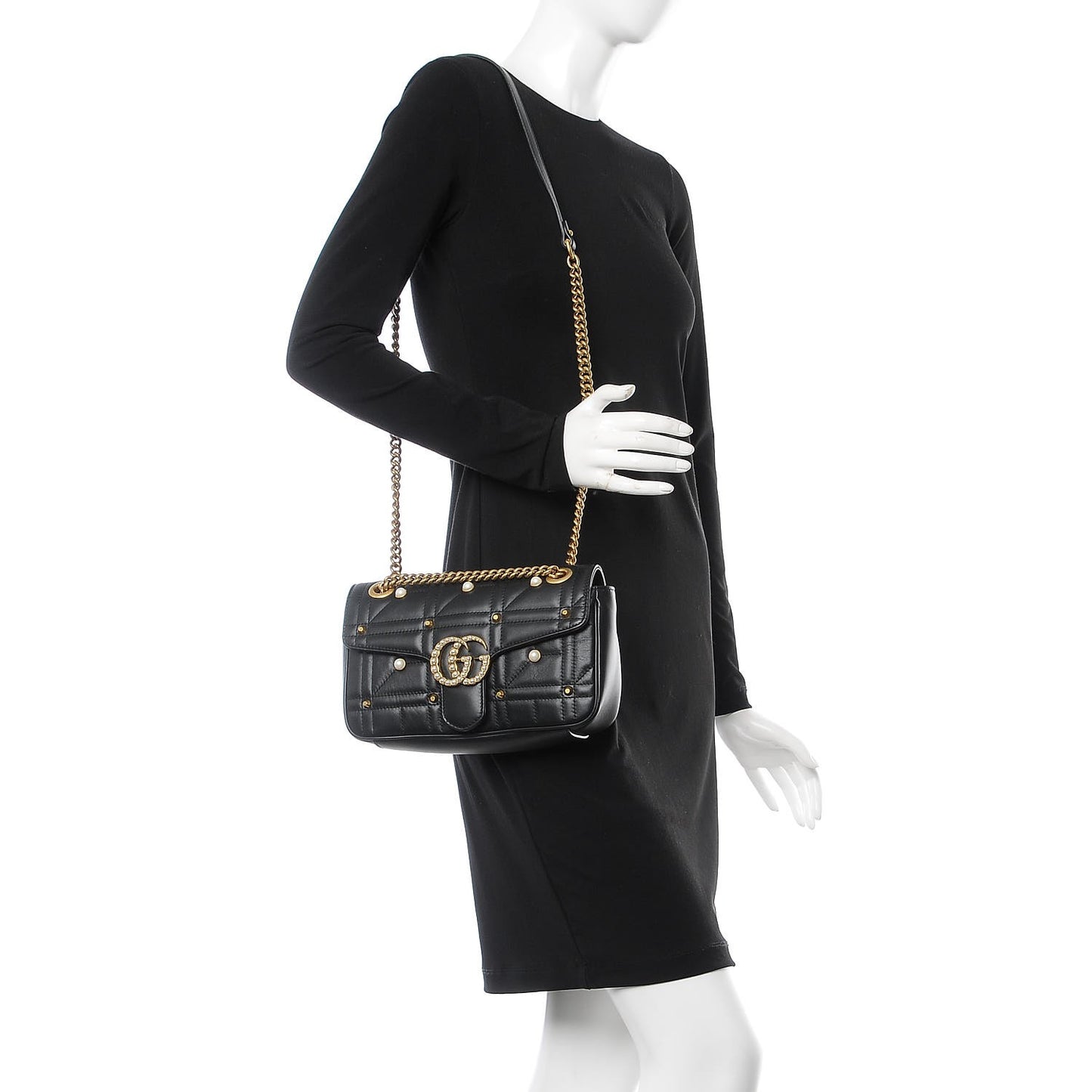 Calfskin Matelasse Studded Small Pearly GG Marmont Shoulder Bag Black
