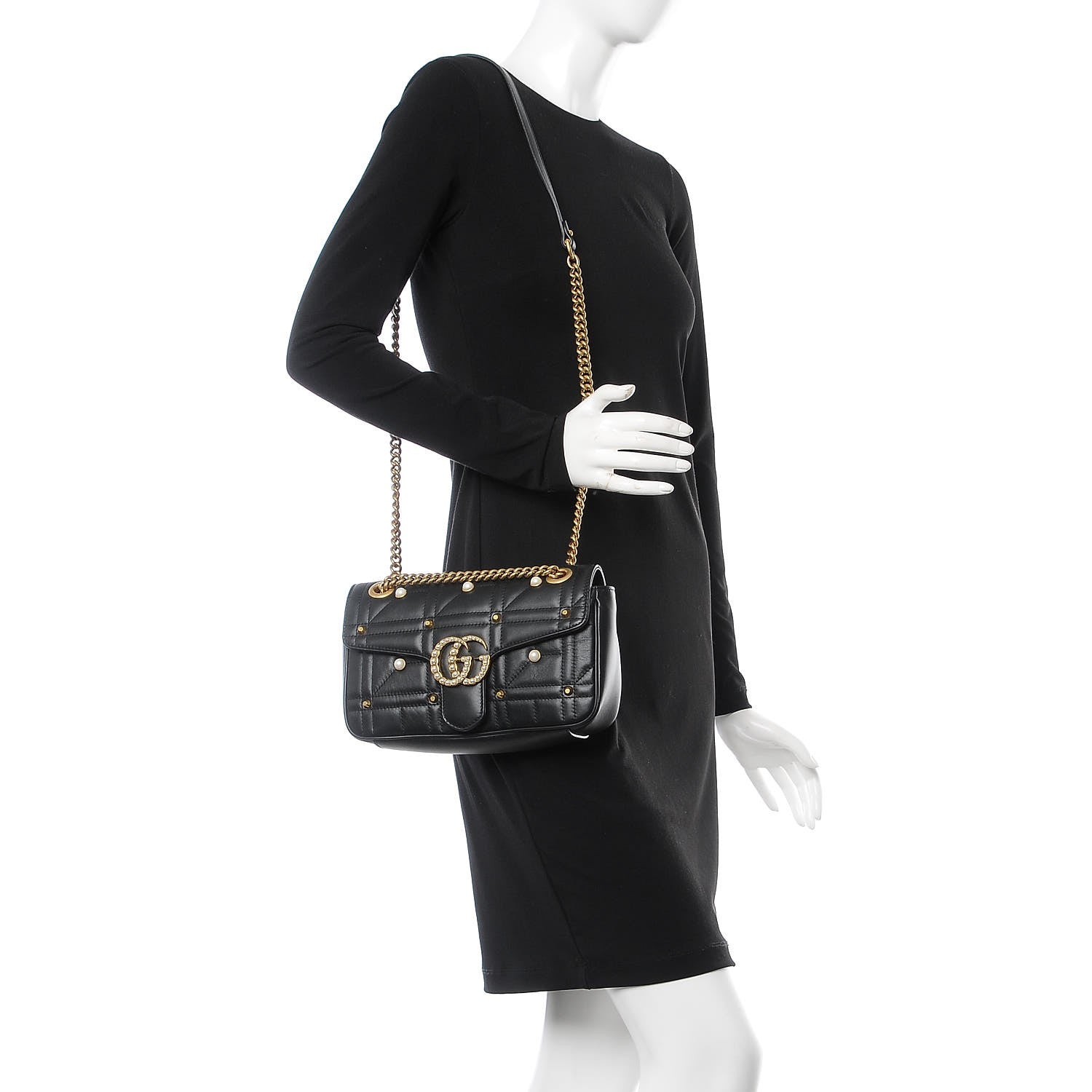 Gucci Calfskin Matelasse Studded Small Pearly GG Marmont Shoulder Bag Black 2 of 7