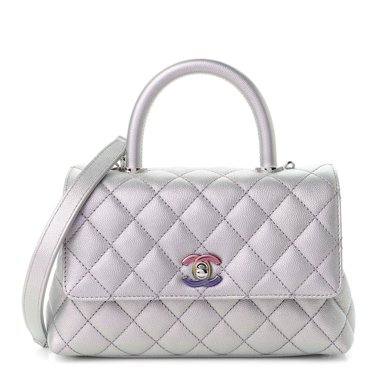 Iridescent Caviar Quilted Mini Coco Handle Flap Purple