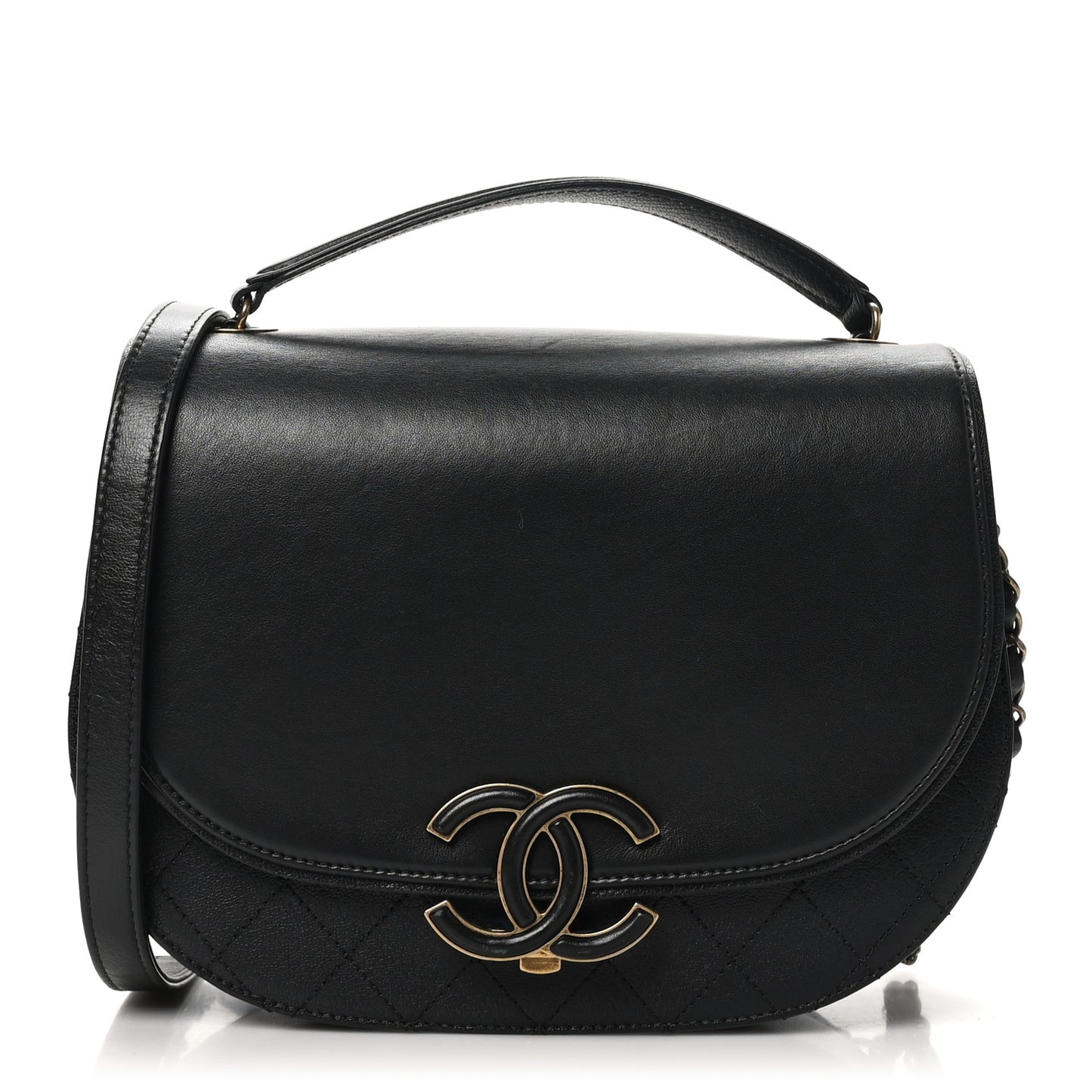 Shiny Calfskin Goatskin Quilted Medium Coco Curve Messenger Flap Black