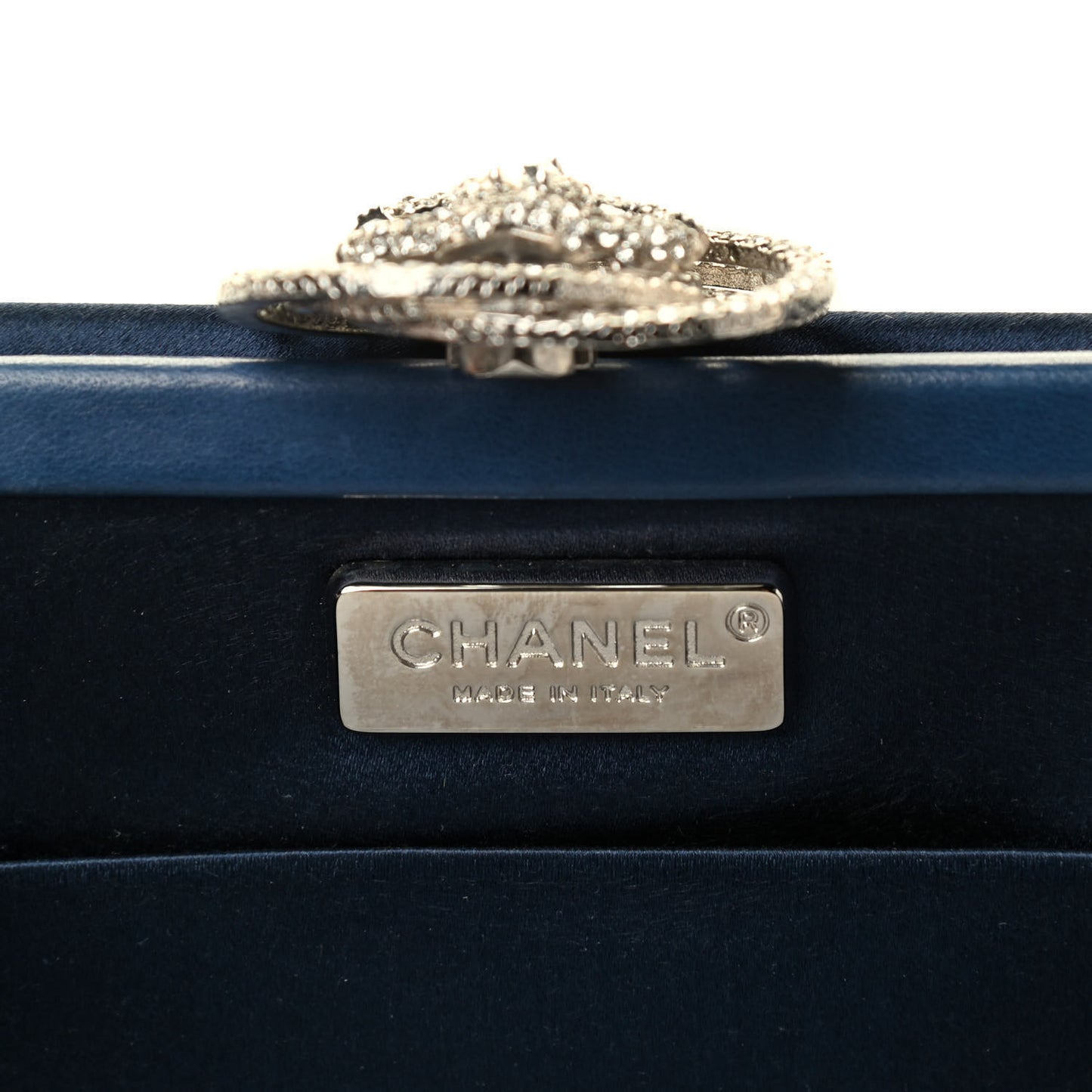 Satin Crystal Camellia Evening Frame Clutch Dark Navy Blue