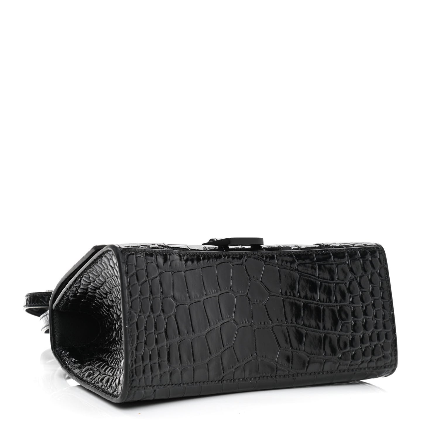 Shiny Calfskin Monochrome Crocodile Embossed Small Hourglass Top Handle Bag Black