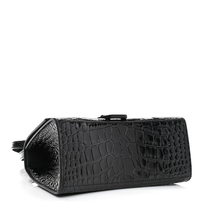 Balenciaga Shiny Calfskin Monochrome Crocodile Embossed Small Hourglass Top Handle Bag Black 4 of 11