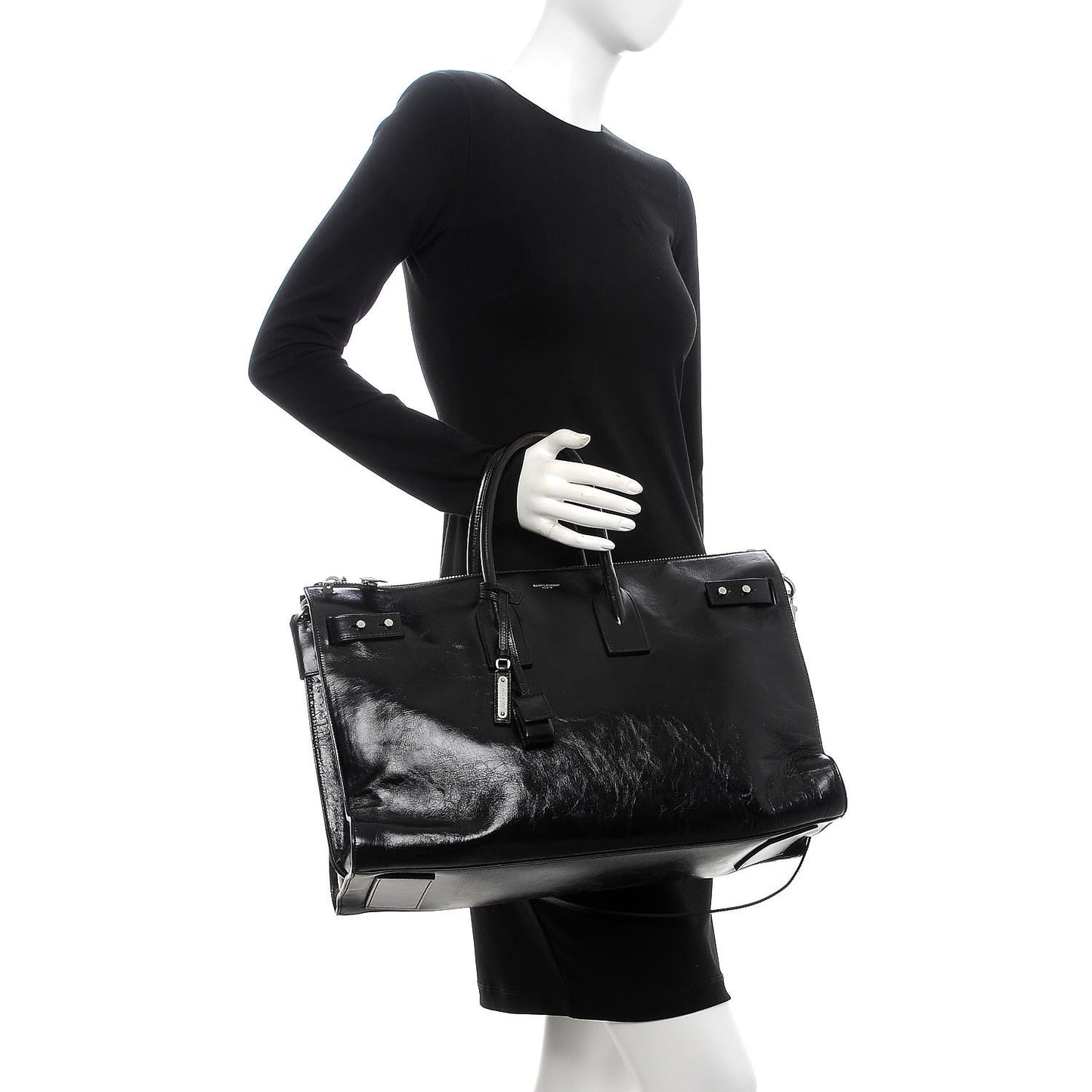 Cracked Shiny Calfskin Medium Souple Sac De Jour Duffle Black