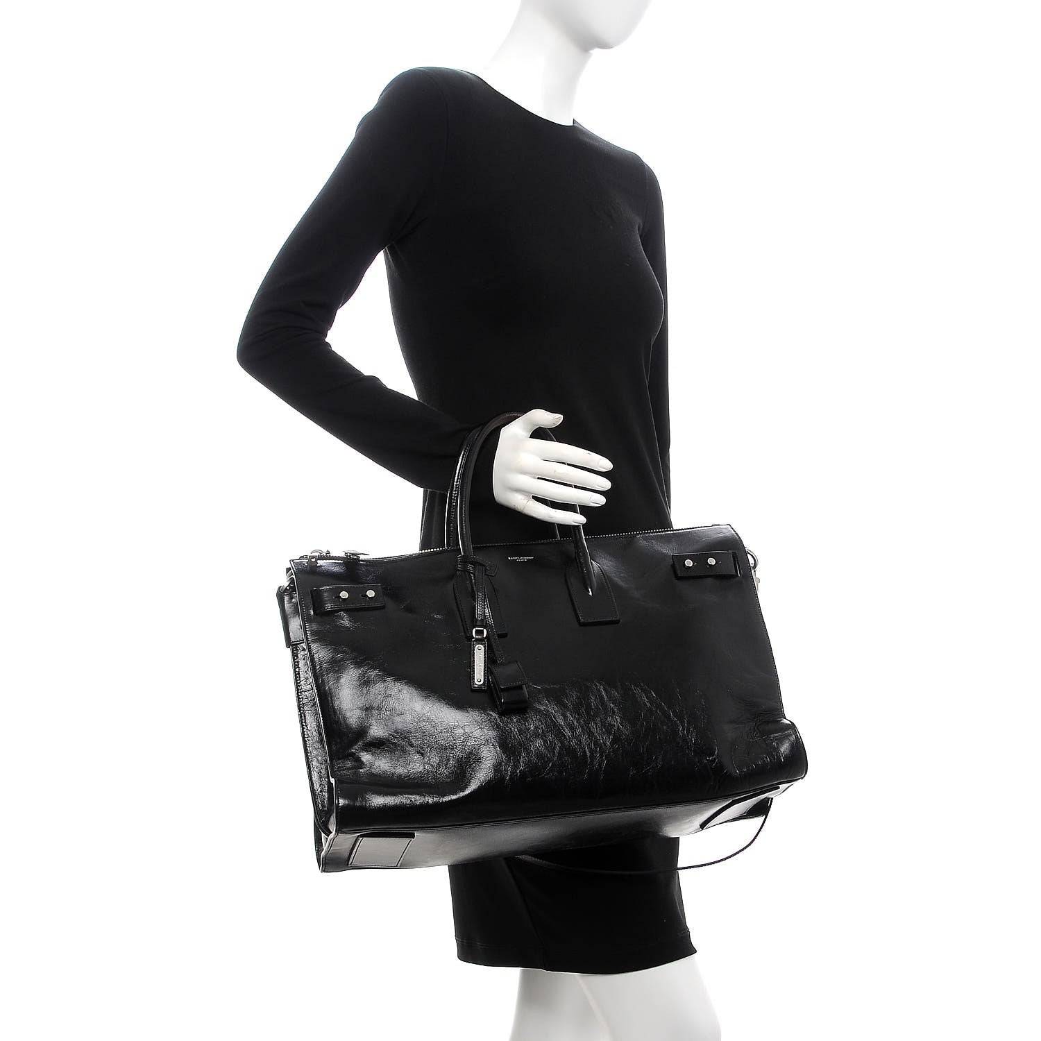 Saint Laurent Cracked Shiny Calfskin Medium Souple Sac De Jour Duffle Black 3 of 13