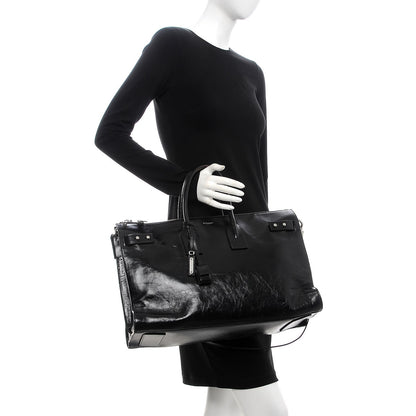 Saint Laurent Cracked Shiny Calfskin Medium Souple Sac De Jour Duffle Black 3 of 13