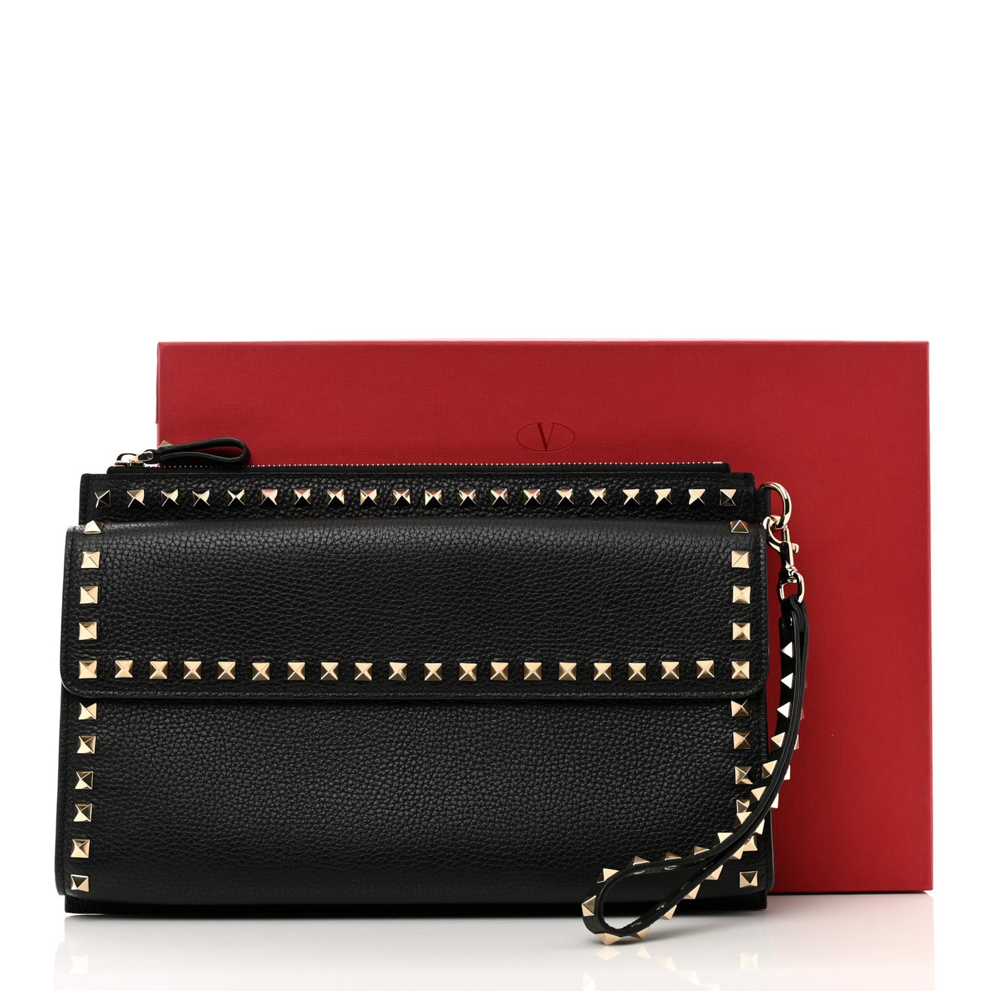 Pebbled Calfskin Large Rockstud Wristlet Clutch Black