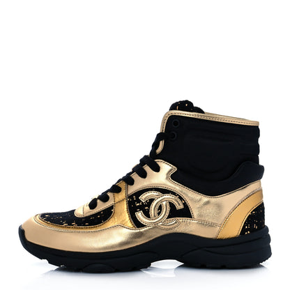 Chanel Satin Lambskin Fabric Tweed CC High Top Sneakers 38.5 Black Gold 1 of 8
