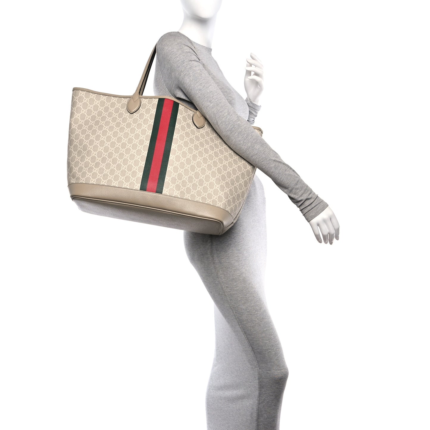 GG Supreme Monogram Textured Dollar Calfskin Web Large Ophidia Tote Beige  Mystic White Oatmeal