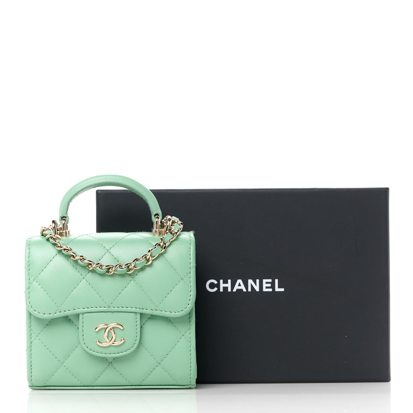Lambskin Quilted Top Handle Flap Clutch With Chain Light Green