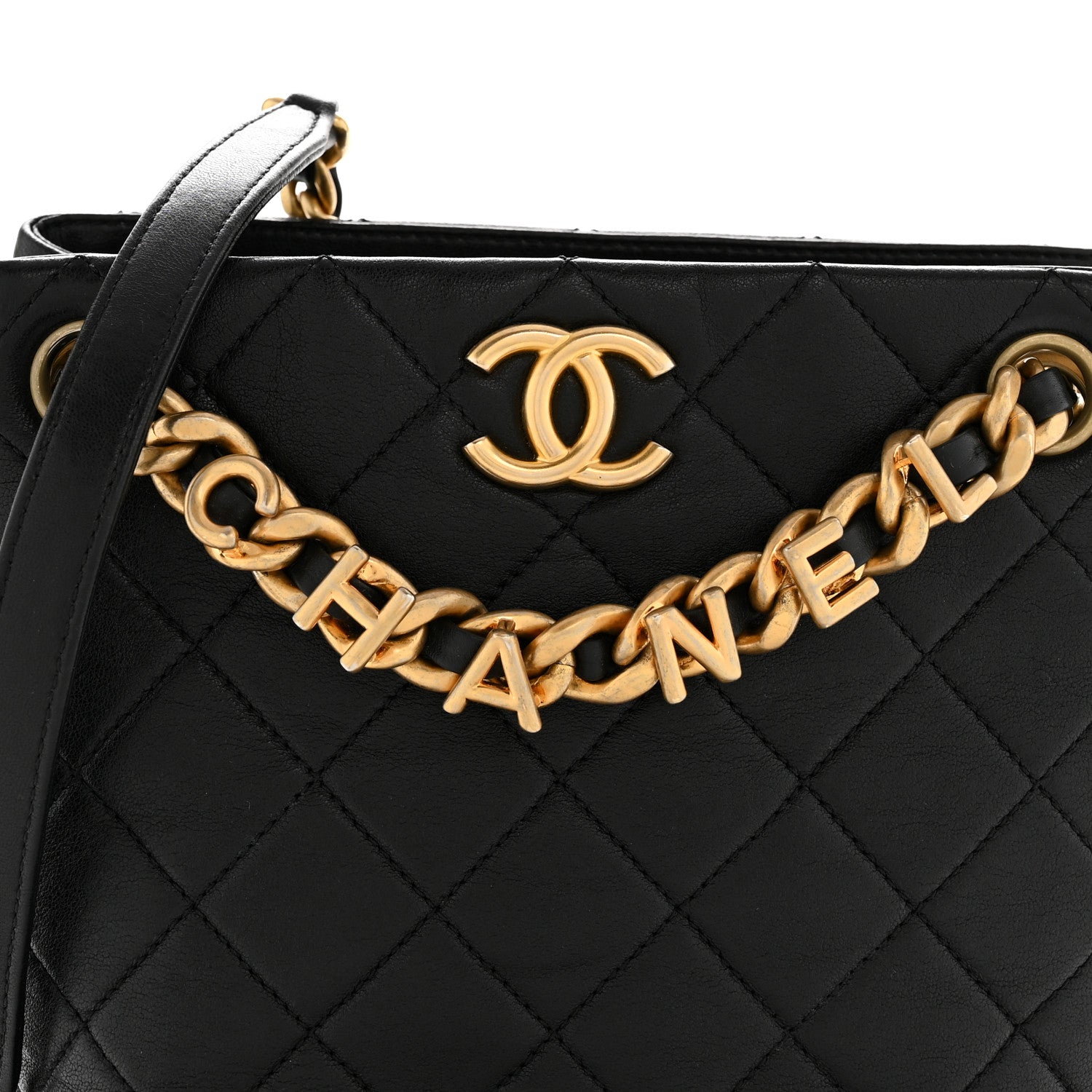 Chanel Lambskin Quilted Chaine Lettre Small Bucket Bag Black 8 of 14