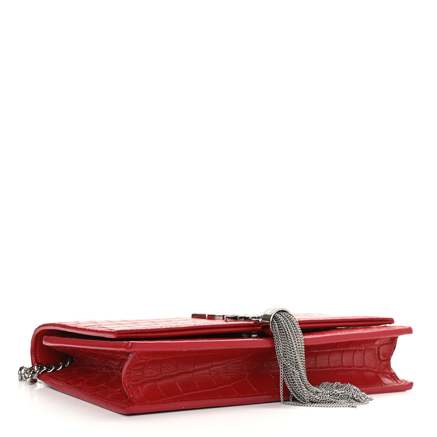 Saint Laurent Calfskin Crocodile Embossed Kate Monogram Tassel Chain Wallet Red 4 of 11