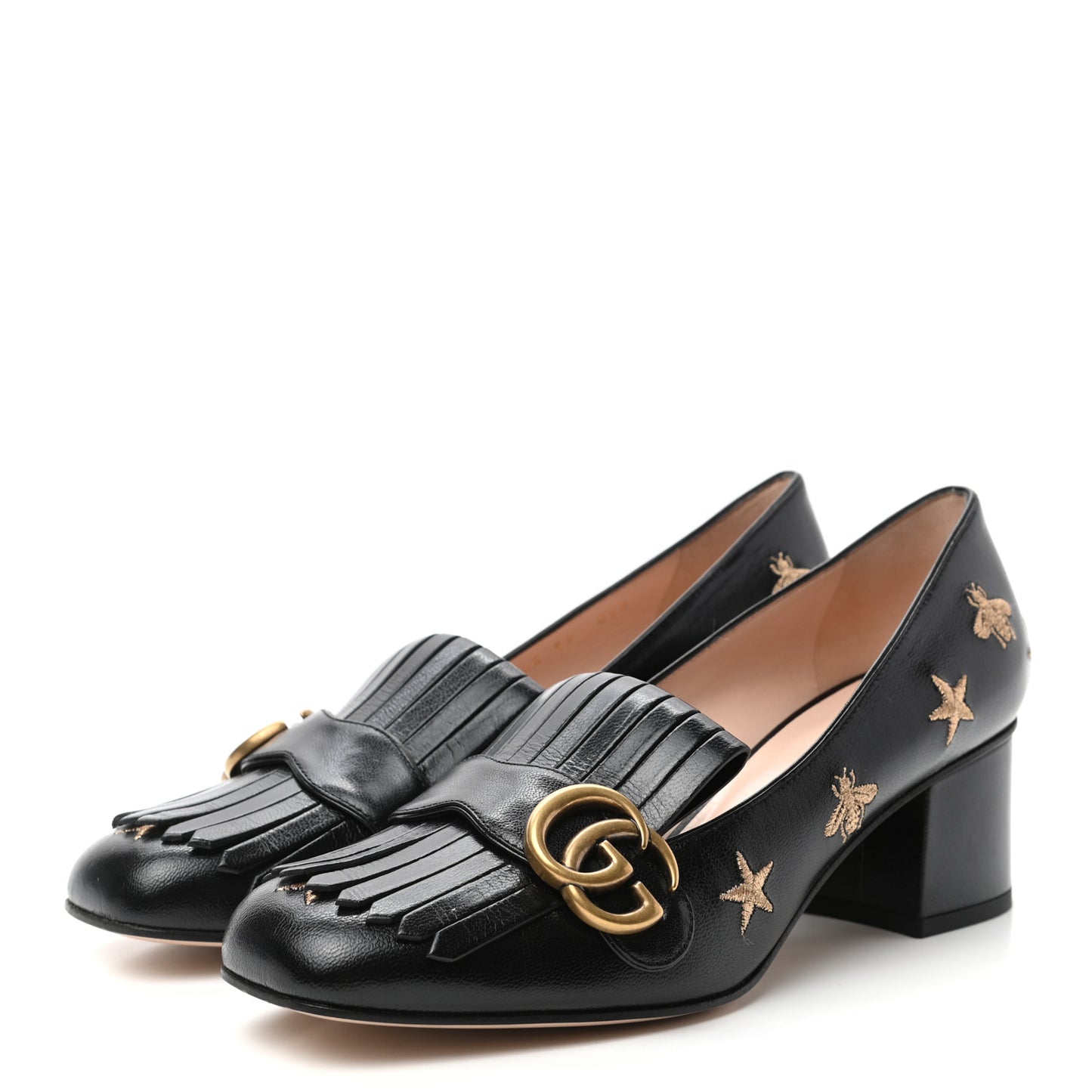 Quentin Goatskin Bee Star Embroidered GG Marmont Fringe 50mm Loafer Pumps 39 Black