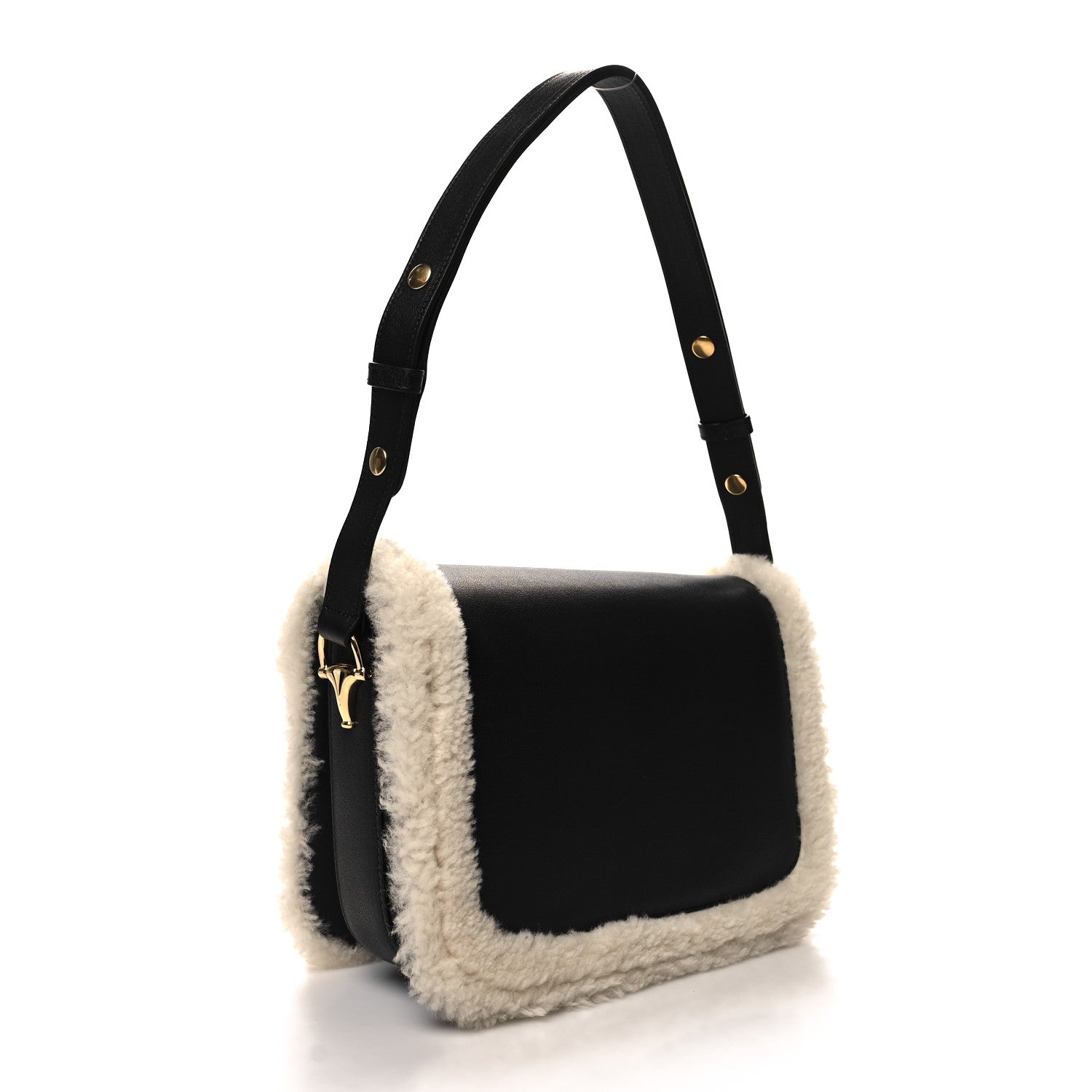 Gucci Sakai Be Green Calfskin Shearling Horsebit 1955 Shoulder Bag Black 3 of 11