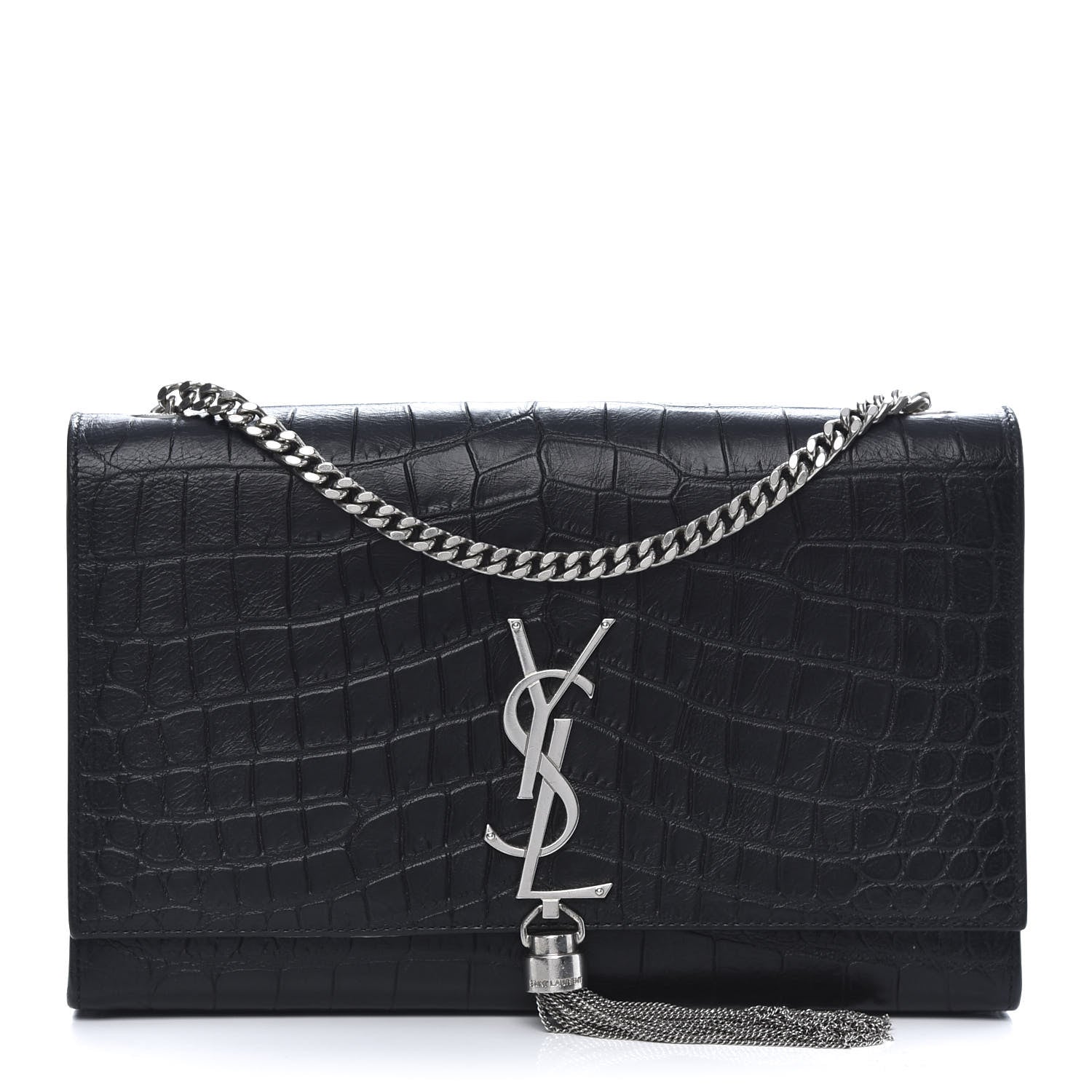 Saint Laurent Calfskin Crocodile Embossed Medium Classic Monogram Kate Tassel Satchel Black 1 of 10