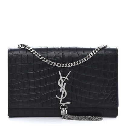 Saint Laurent Calfskin Crocodile Embossed Medium Classic Monogram Kate Tassel Satchel Black 1 of 10