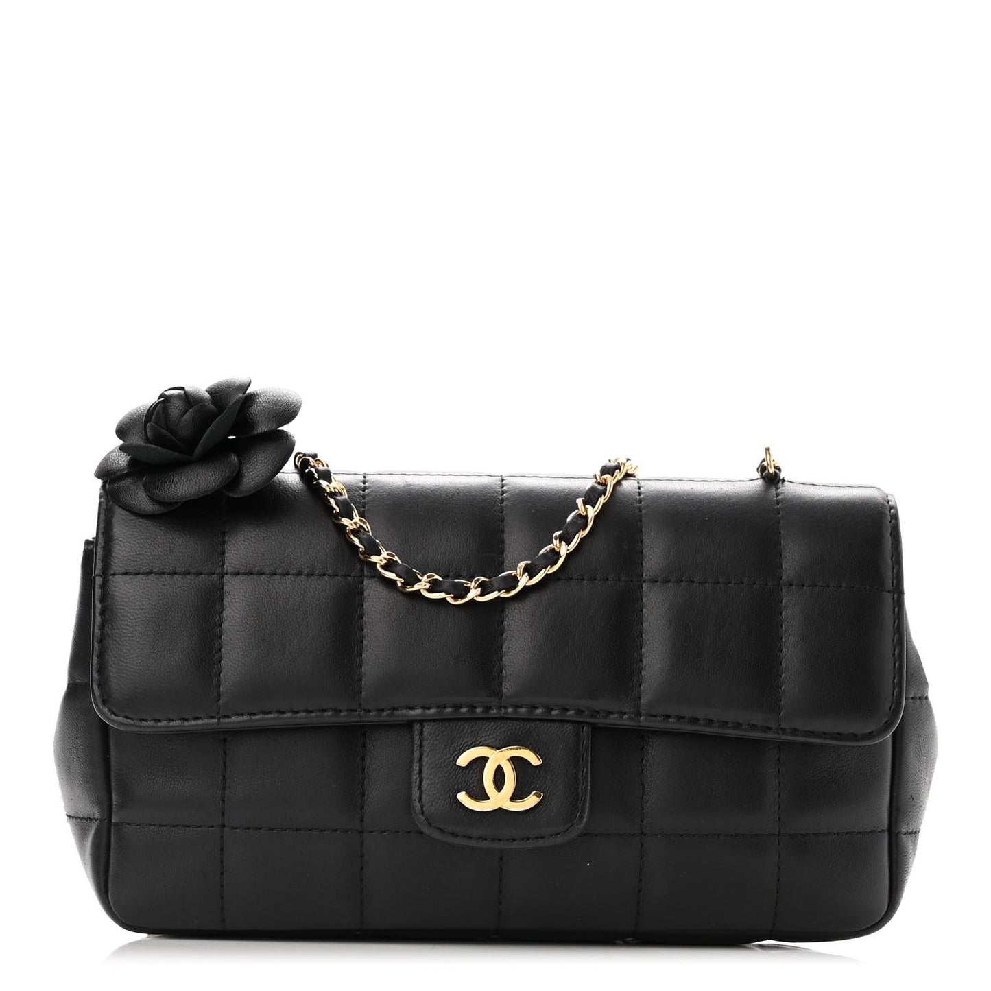 Lambskin Quilted Mini Chocolate Bar Camellia Flap Black